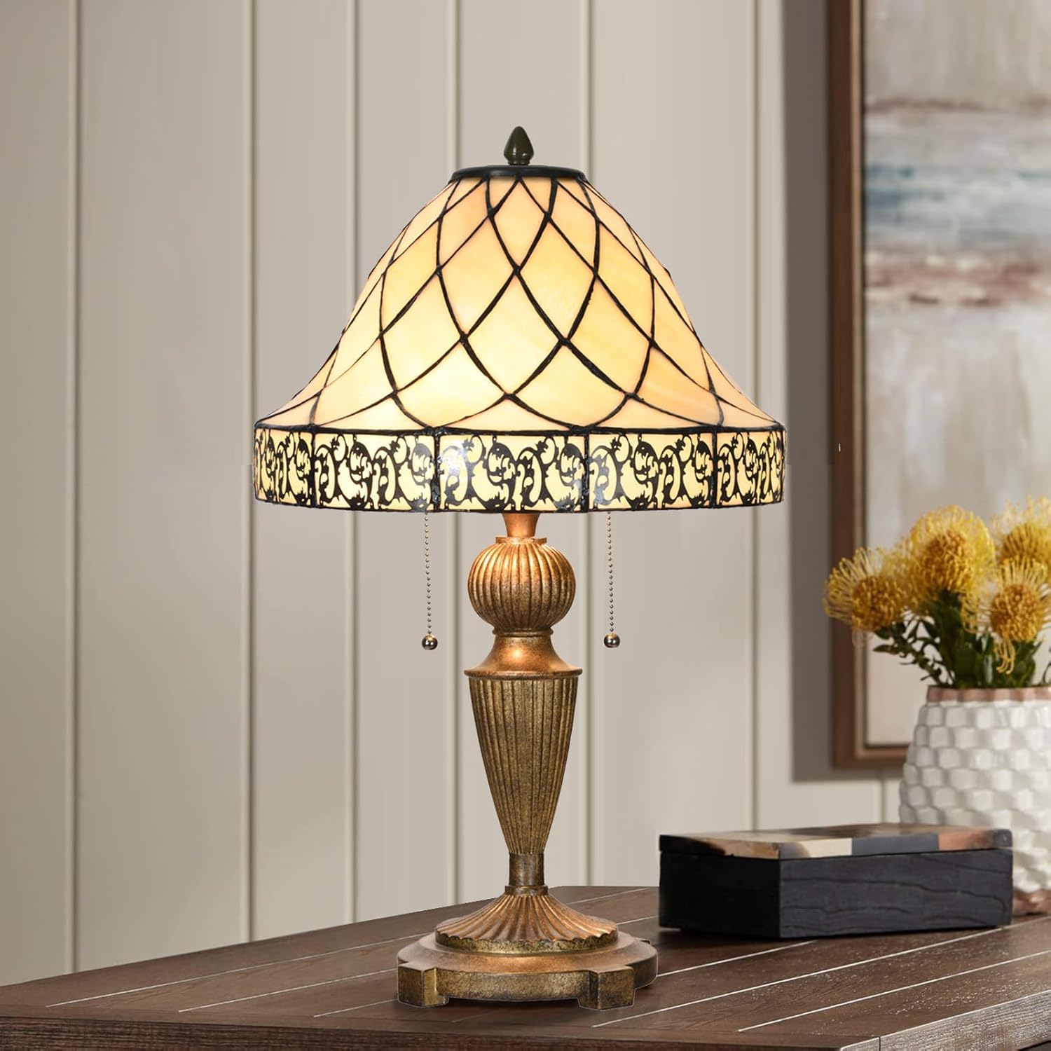 TL0028 Tiffany Table Lamp Stained Glass Lampshade Beige-Like Color with Geometric Pattern, Warm Glow & Elegant Design, Antique Finished Lamp Base, W 14 X H 24 Inches, LED Bulb Included