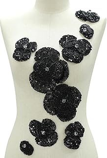 Black Beaded Appliques Embellishments for Dresses Handmade Sparkling Lace Flower Patches Sewing Beads Stones Sequins Bling Bodice Applique Rhinestone DIY Decorative Clothes (XY067-BK) - Buy now