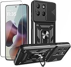 Case for Motorola Moto G56 5G (6.72") + 1 x Tempered Glass Screen Protector – Case with 360° Rotating Stand [ Double Layer PC + TPU ] Case – Black