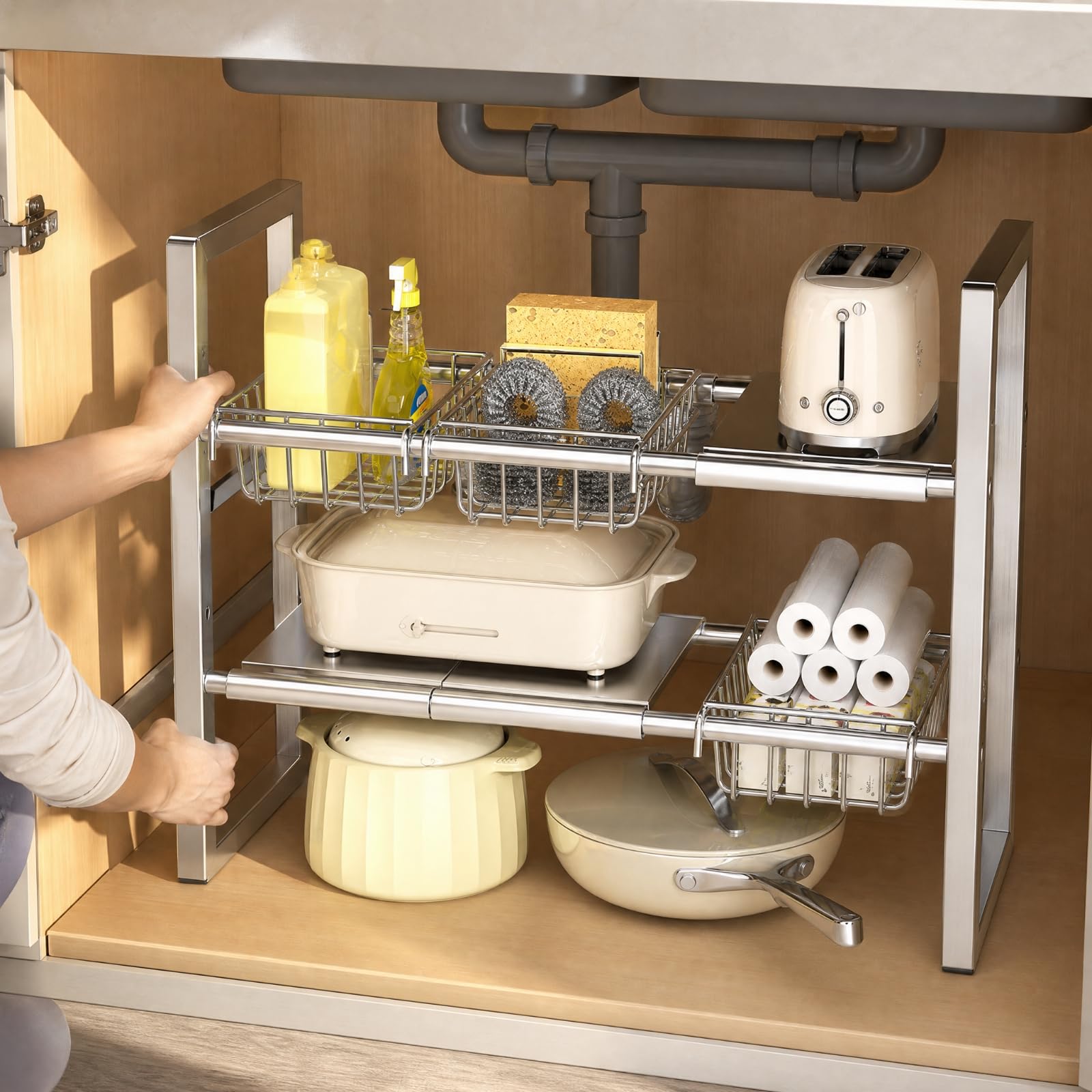Organizzatore Sottolavello a Due Livelli Telescopico Portaoggetti in Acciaio Inox Rete per Mobile Basso, Stile B