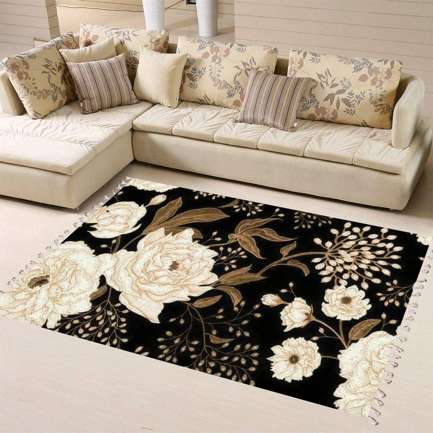 Amazon.com: Boho Rug Peonies and Roses Floral Vintage Seamless Gold and ...