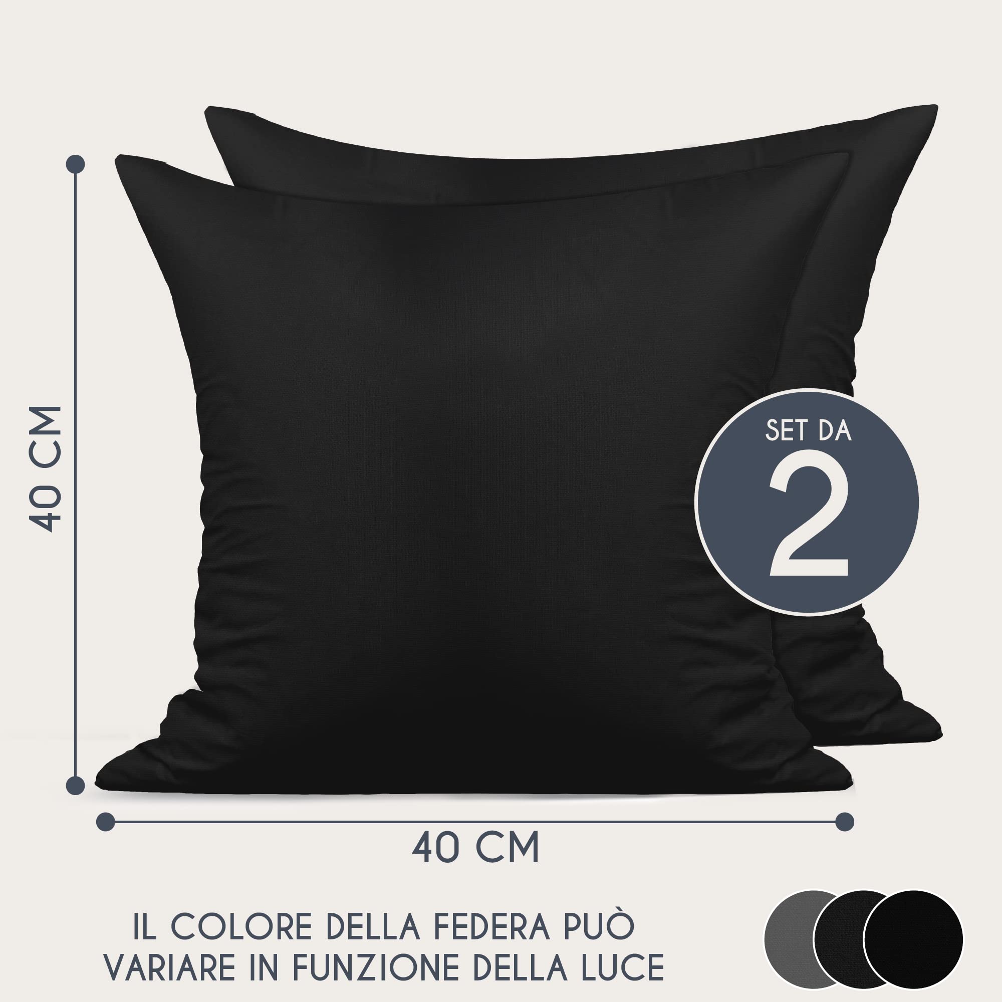 Federe 40x40 Cotone Rinforzato (Set da 2) - Nero - Trama Fitta a 57 Fili/cm² - Federe Cuscini 40x40 cm - Federe Cuscino 40x40 Certificate Oeko Tex - Dreamzie