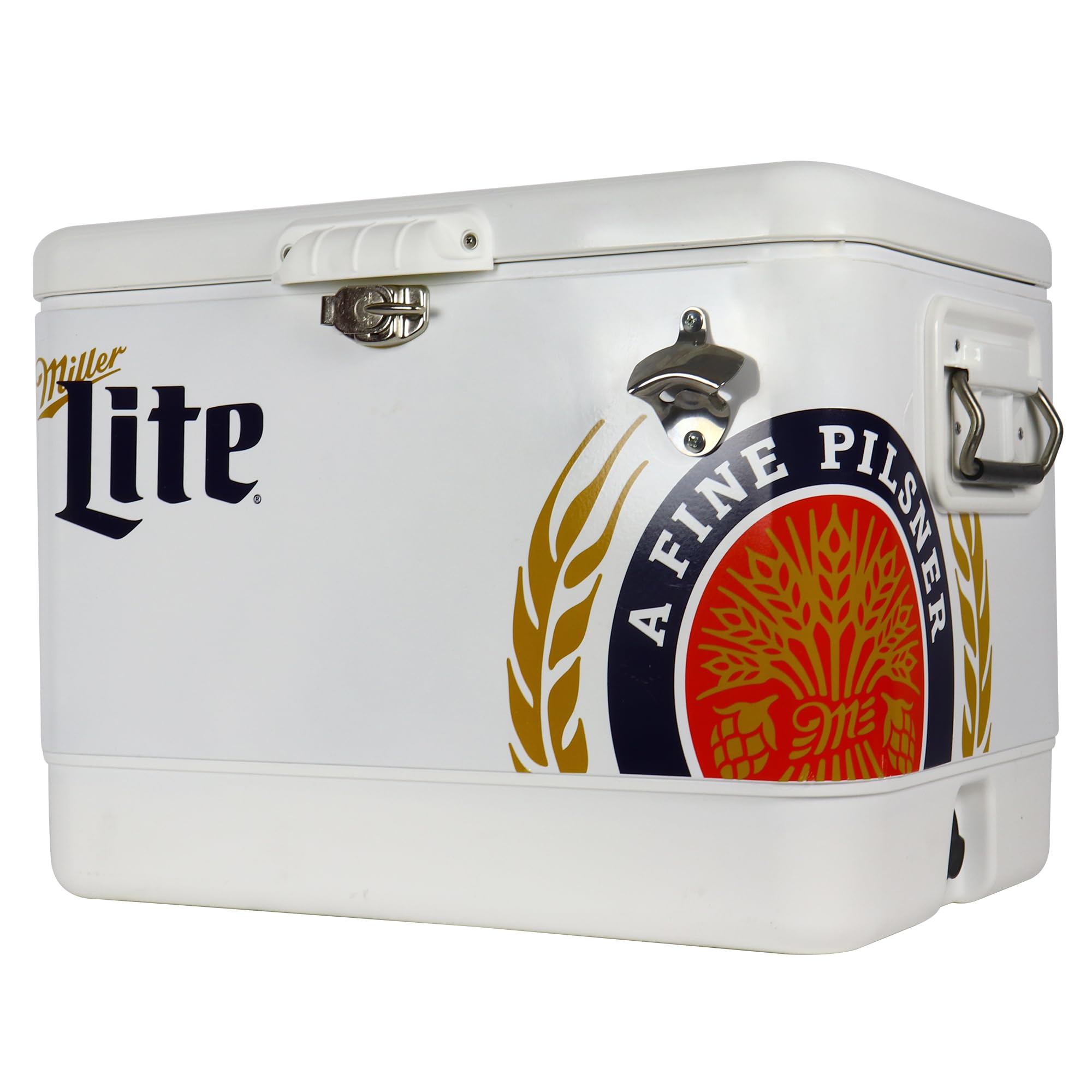 Miller Light Ice Chest Cooler - Portable Ice Bucket with Bottle Opener, Vintage Style, Insulated for Camping, Beach, Picnic, RV, BBQs, Tailgating, Fishing, Steel-Belted, 85 Can Ice Box, 51L (54 qt)
