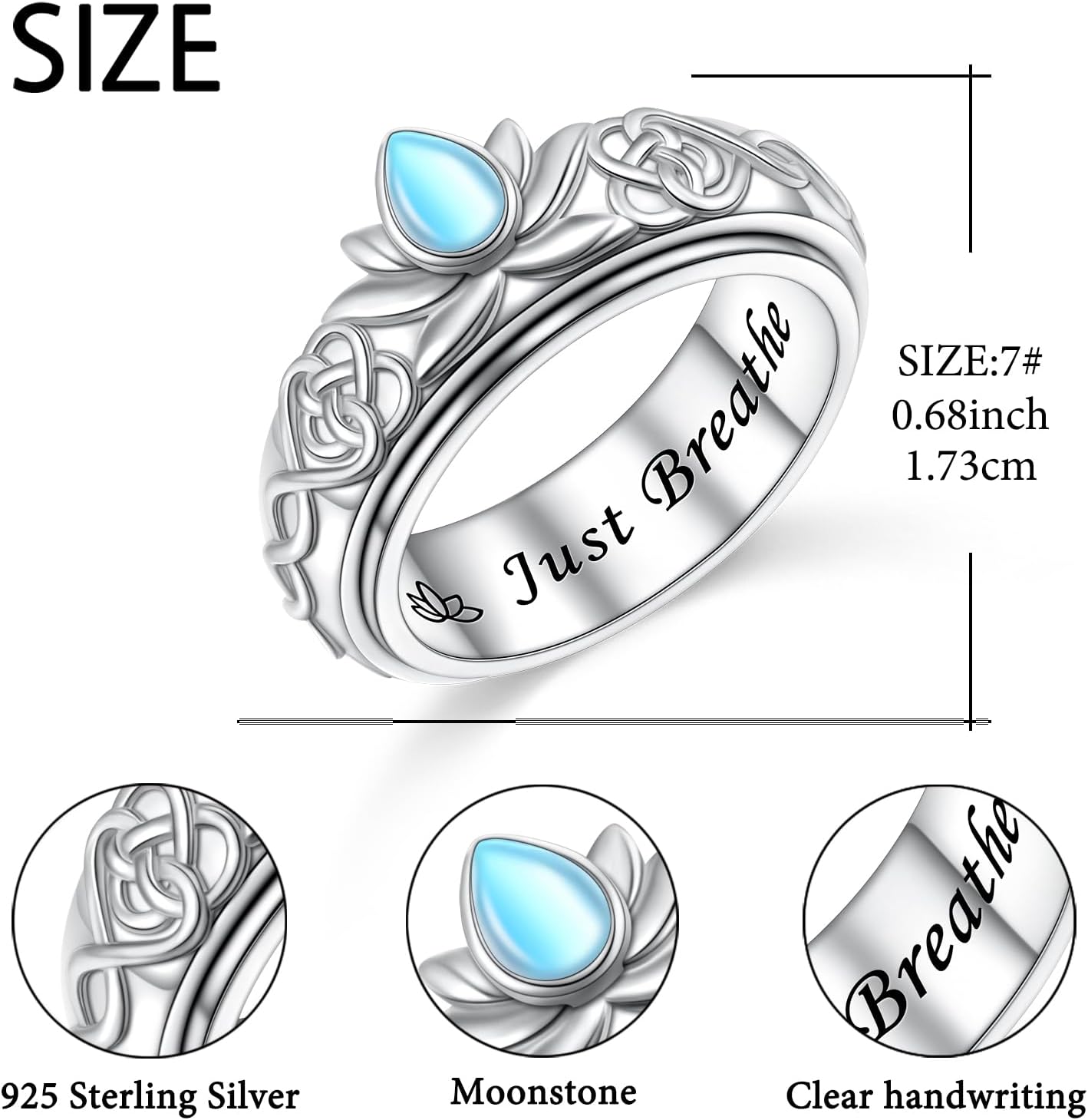 925 Sterling Silver Butterfly Lotus Moonstone Spinning Ring for Anxiety Stress Relief Fidget Ring Birthday Gift for Women