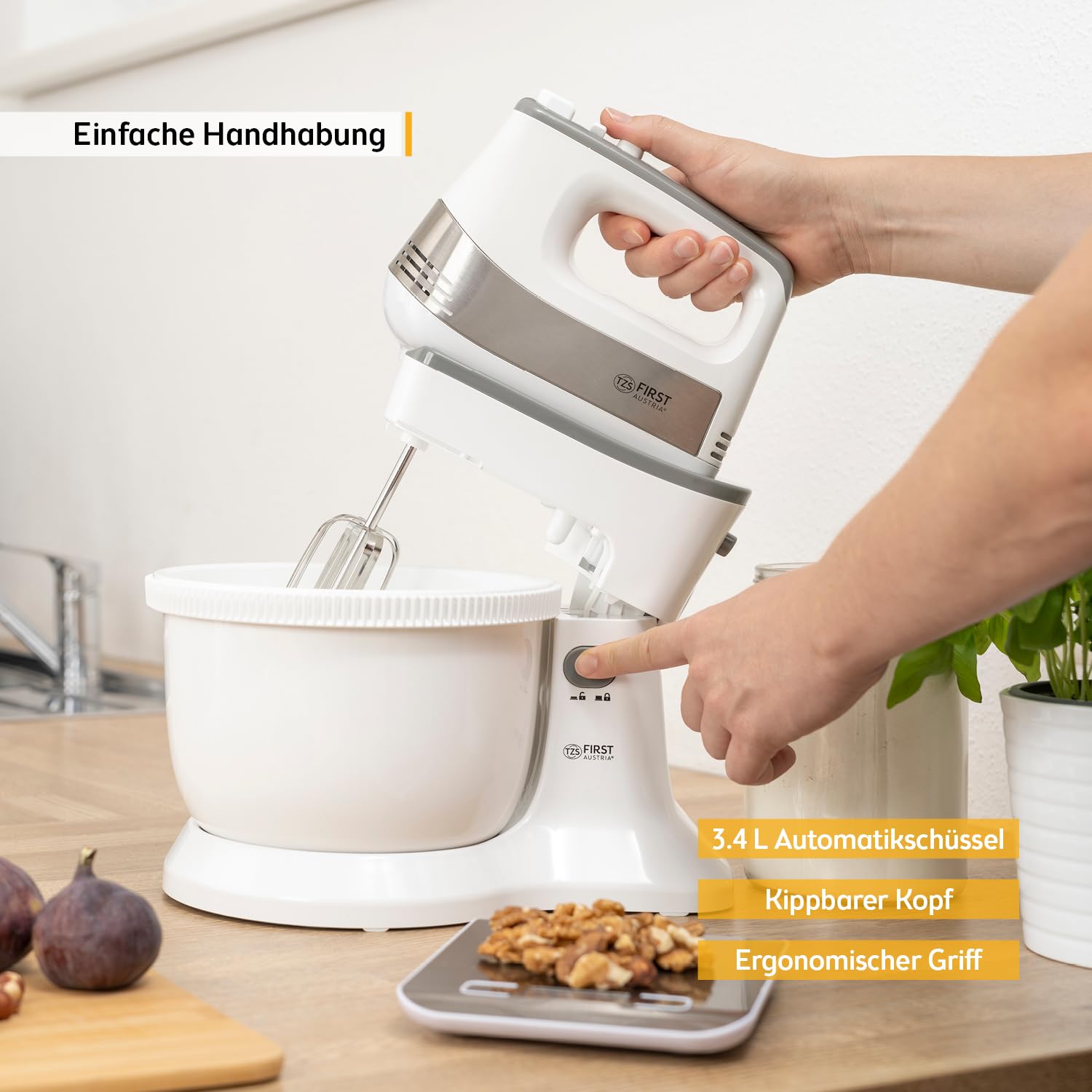 TZS First Austria 2 in 1 Handmixer und Standmixer | 3,4L | Automatikantrieb | 500W | 5 Geschwindigkeiten | Turbofunktion | mit Knethaken + Rührbesen