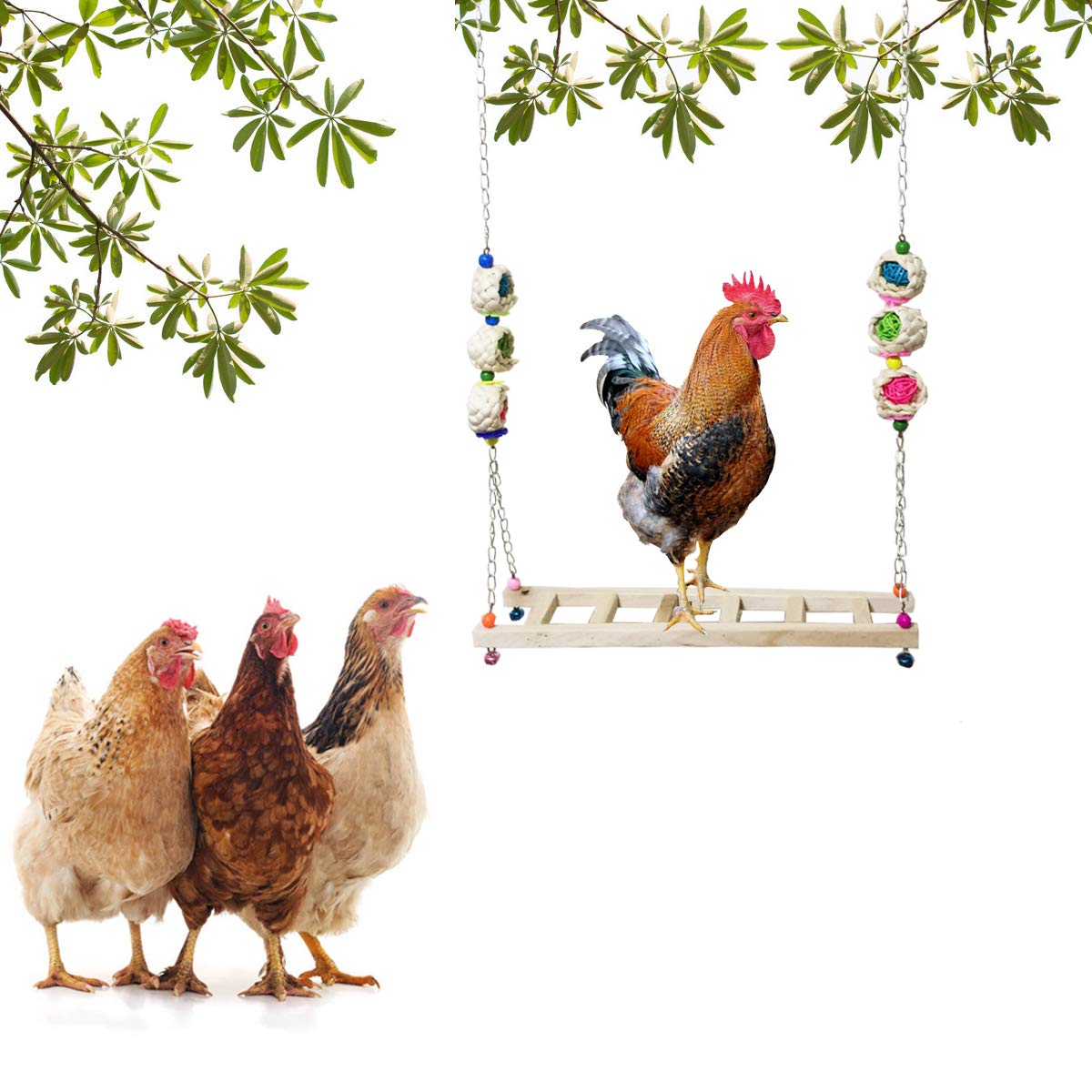 Hühnervogelschaukel Aus Holz – 3 Stück, Mit Glöckchen & Perlen, Für Hühnerstall & Vogelkäfig