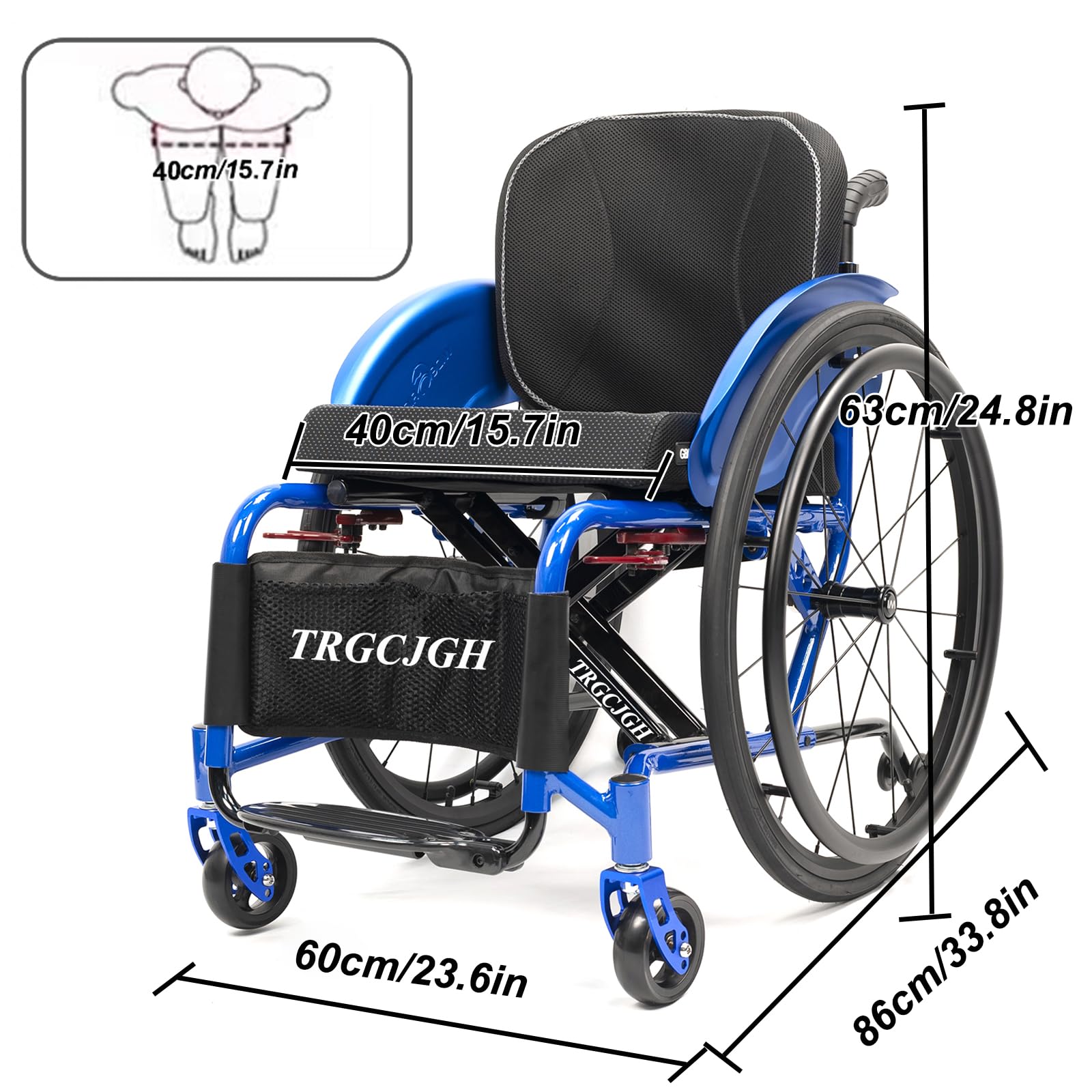Carrozzina per disabili, Pieghevole, Alluminio, Sedia A Rotelle Portatile, Sedia Stretta, Freno Manuale, Poggiapiedi Pieghevoli(40cm/15.7in Seat,Black)