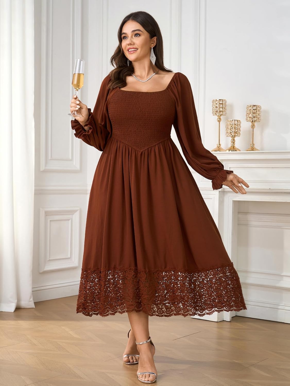 Women's Plus Size Maxi Dress Long Sleeve Square Neck Smocked Flowy A-Line Lace Trim Wedding Guest Dresses - Image 3