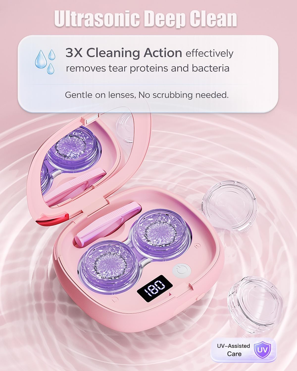 Vastsoon Ultrasonic Contact Lens Cleaner Machine – Portable, Rechargeable Cleaning Kit with 4 Contact Lens Solution Cases, Applicator & Removal Tools – for Travel & Home Use (Pink)