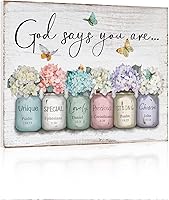 HLJART God Says You Are Bible Verse Wall Art - Inspirational Flowers in Mason Jar Print, Christian Gift for Women Girls Bedroom Decor 12x15"