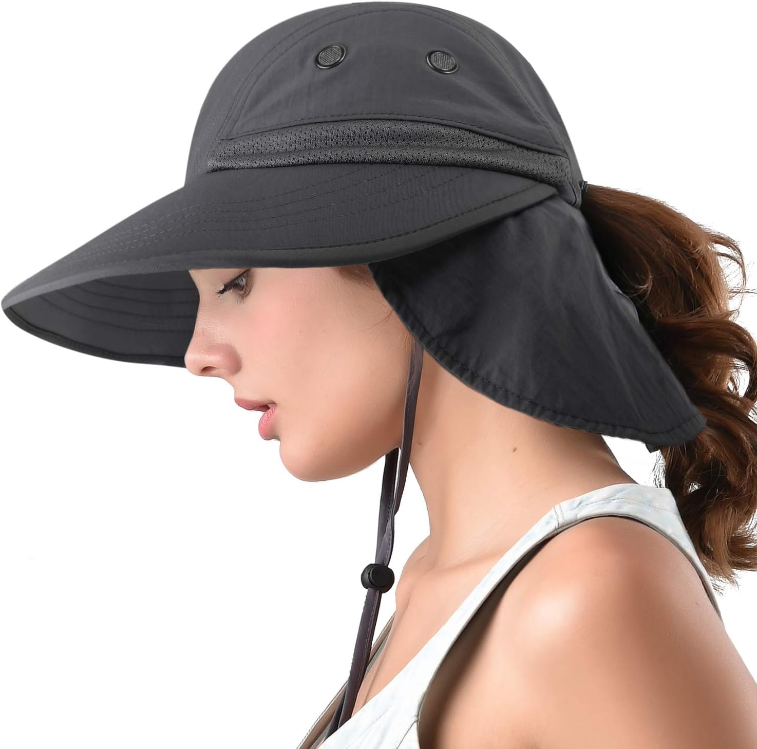 Camptrace Safari Sun Hat Wide Brim Fishing Hat with Neck Flap for Women Hiking Hunting Camping Ponytail Packable UPS UPF 50+