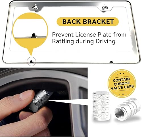 Miniatura 3 de Marco de matrícula de acero inoxidable pulido con tapas de rosca cromadas, 2 agujeros inoxidables, acabado cromado a prueba de óxido, 2 unidades