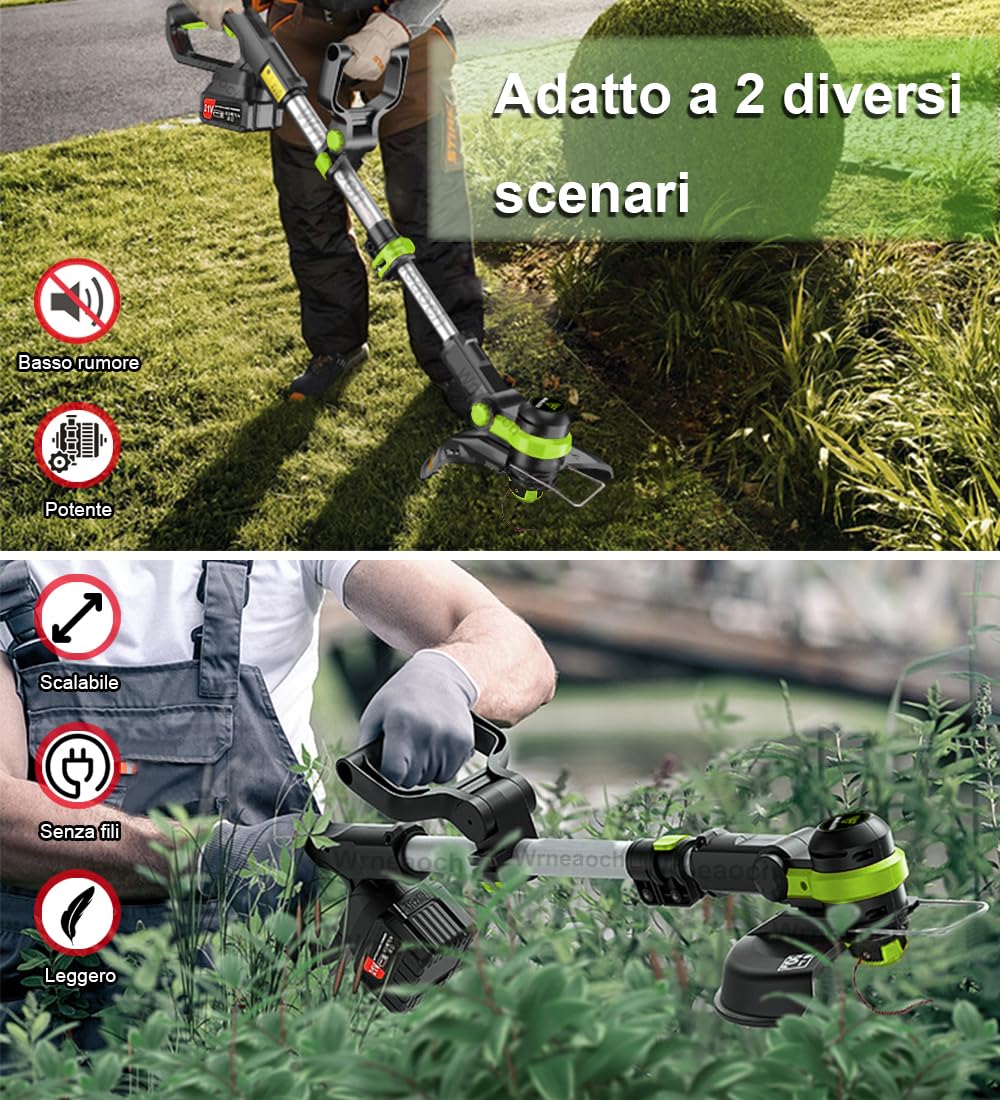 Wrneaoch Tagliabordi Decespugliatore a Batteria 21V Decespugliatore Elettrico con 11.000 RPM e motore da 750W con 2 Batterie da 4,0 Ah è Ideale per Tagliare l'erba in Modo Efficace e Senza Sforzo