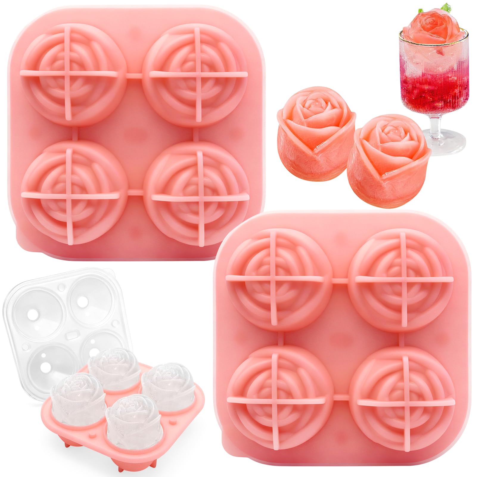 2er Set Silikon Eiswürfelform Rose Blüte mit Trichter, Flexible Silikonformen für 8x 3D Eiswürfel, Kleine Würfelform für Whiskey Cocktail Kaffee Deko, Wiederverwendbare Eiswürfelbereiter für Küche Bar