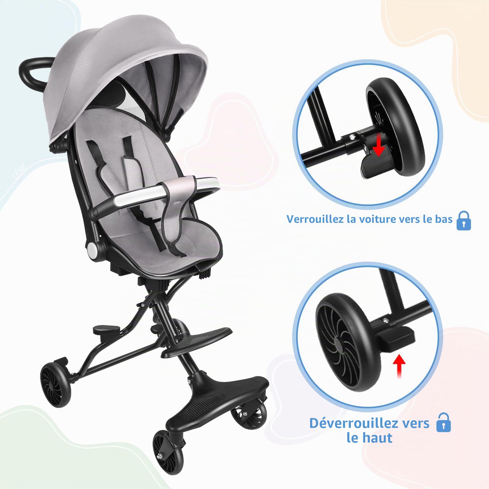 Poussette Canne Compacte, Position Allongée, Poussette Compacte, Inclinable d’une main, Grand panier de rangement (Gris - A)