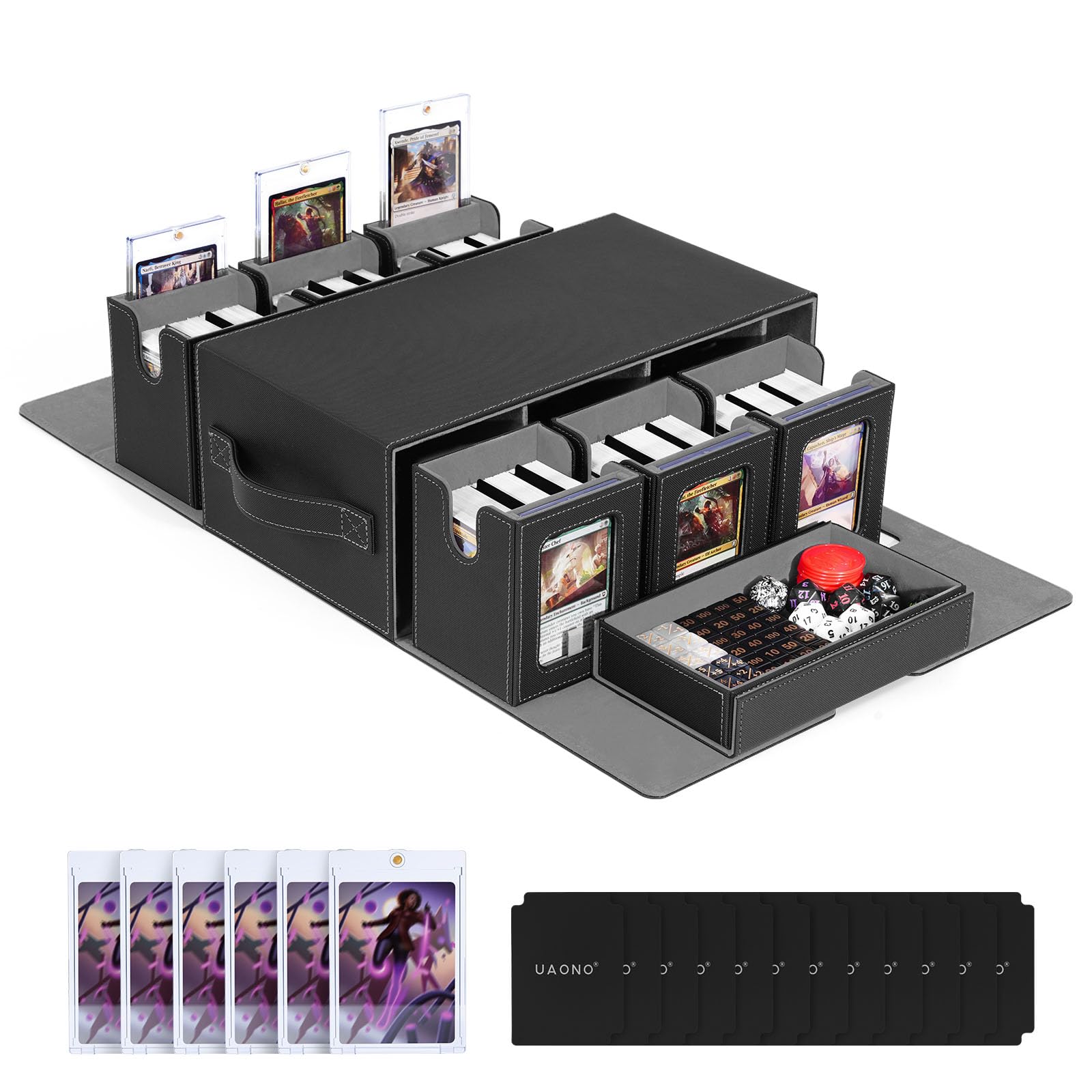 UAONO Commander Deck Box for MTG, 6-Deck Modular Card Case with Dice Tray Holds 600+ Double-sleeved Cards, Removable Trading Cards Storage Box with 35PT Magnetic Card Holders for TCG, Black Grey