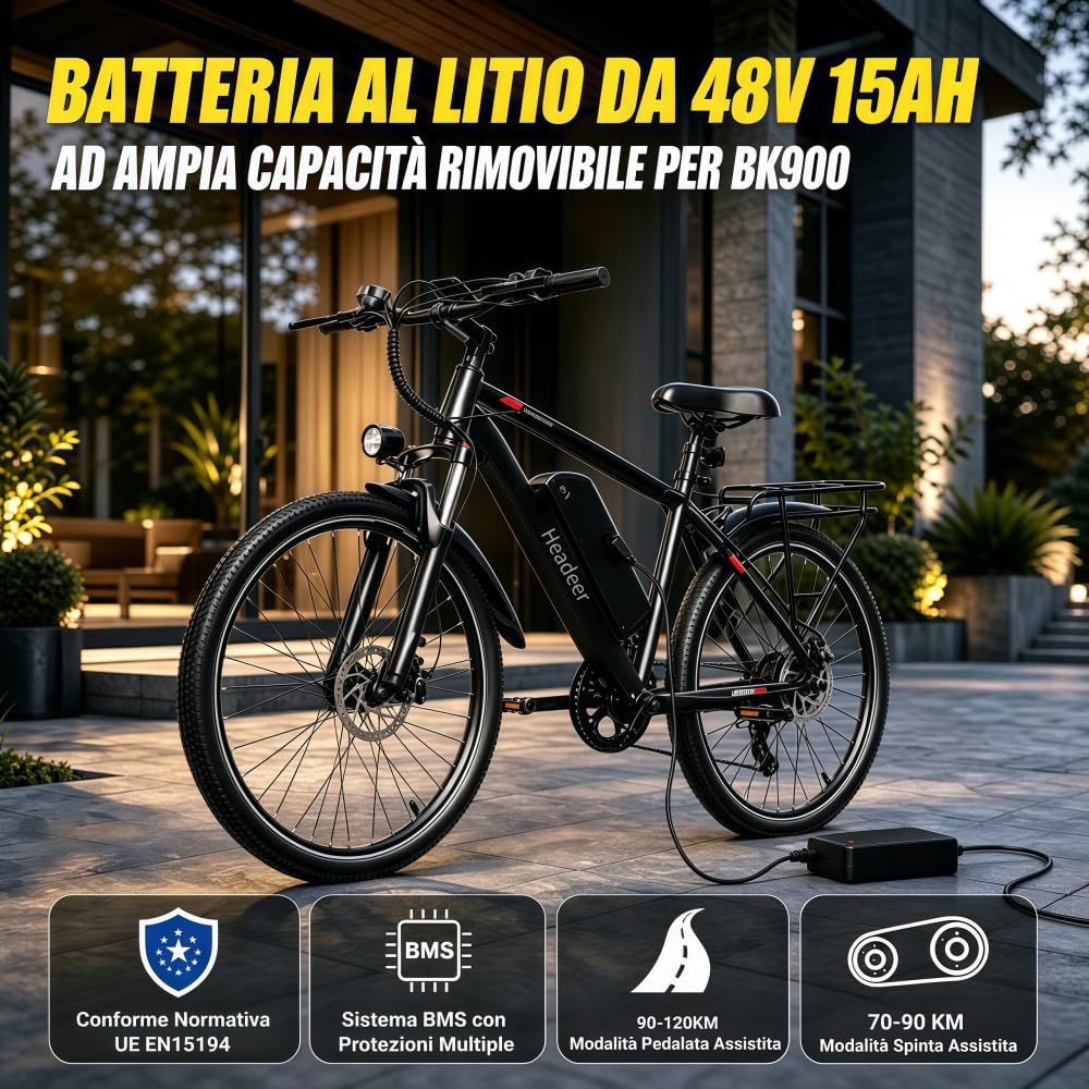 Bici Elettrica BK900 26" Mountain Adulti, Batteria Litio 48V 15Ah Rimovibile, Freni a disco meccanici, Forcella Ammortizzata, 5 Assistenze, Autonomia 90‑120km, Velocità 25km/h, Portapacchi Posteriore