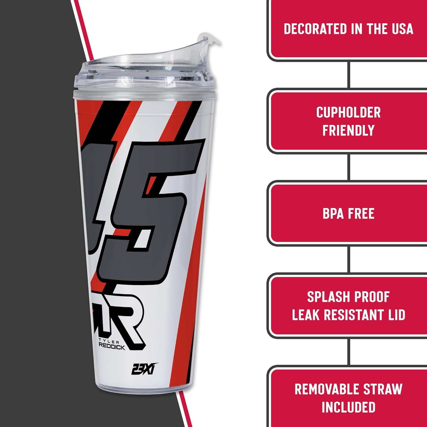 Rico Industries NASCAR Racing Tyler Reddick 24oz Acrylic Tumbler with Hinged Lid, Officially Licensed Double Wall Tumbler with Straw - Image 5