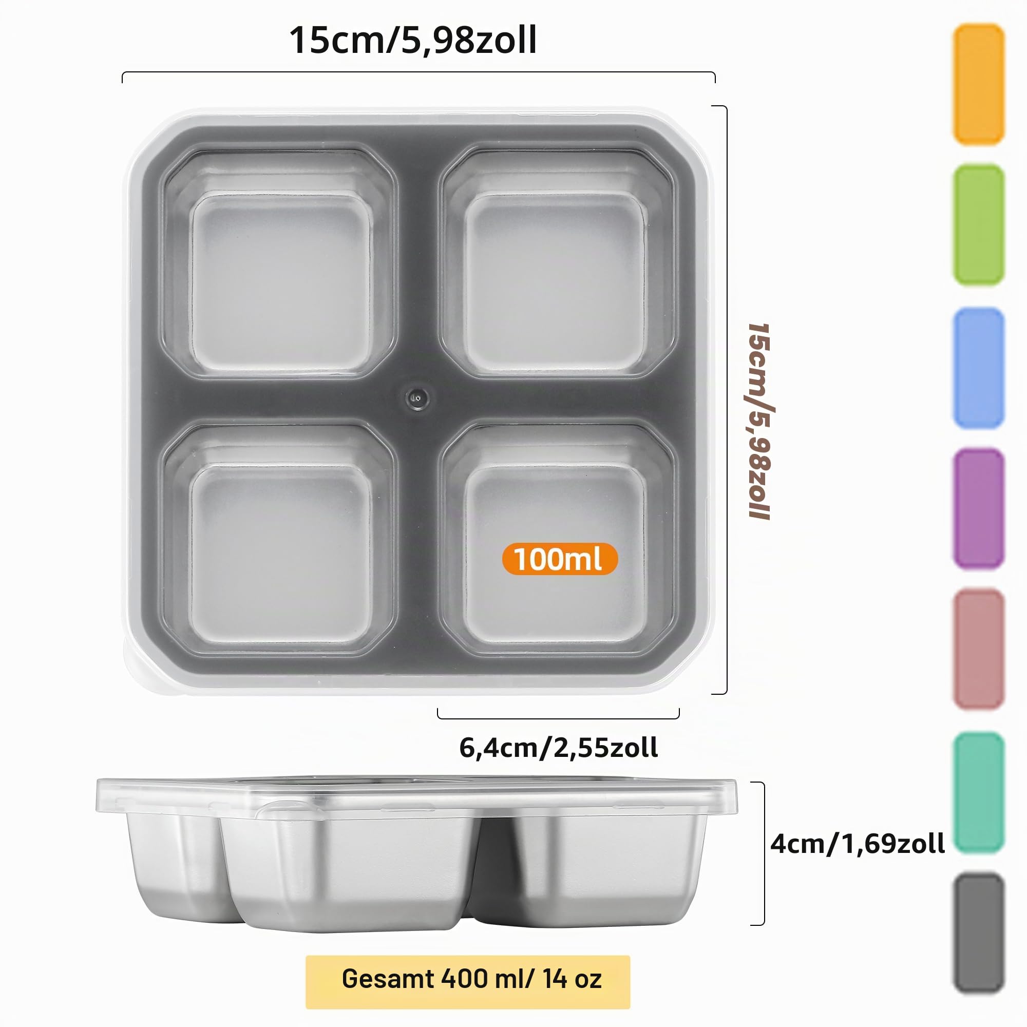 Misichao Edelstahl Snackbox mit 4 Fächern, 400ML Snackdose Kinder, Brotdose Erwachsene, Lunchbox Spülmaschinenfest BPA-Frei (Grau x 4)