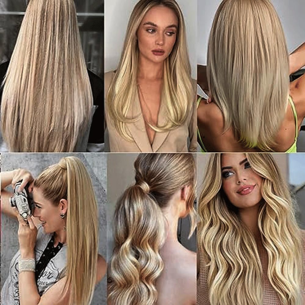 Extension con clip dritte in capelli umani, extension con clip invisibili P27/613, bionda 120 g, 7 pezzi per confezione da donna