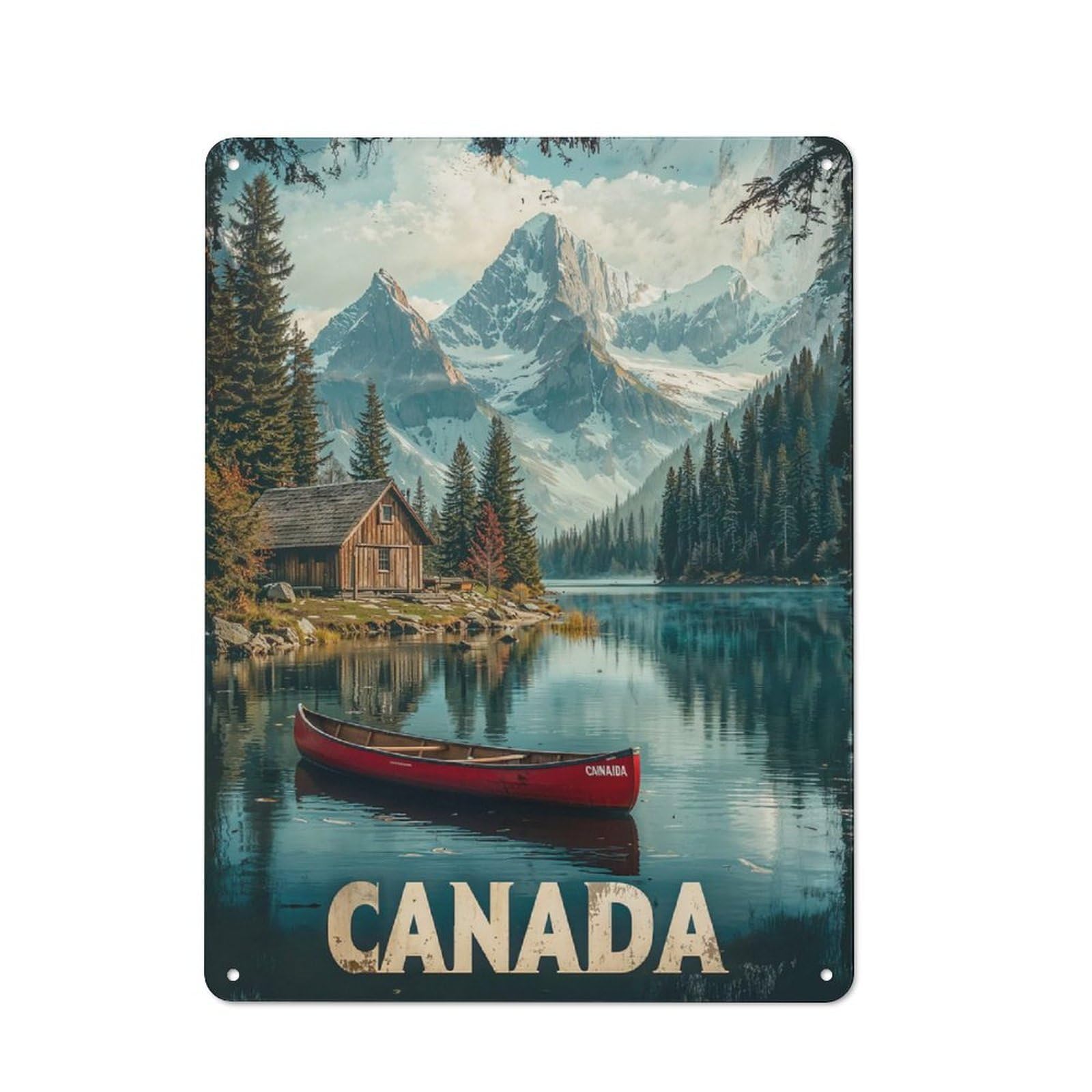 Canadian Mountain Lake Retro Tin Wall Plaque 40x30cm for Home Office Or Studio, for Cooler-month Interiors with Retro Character