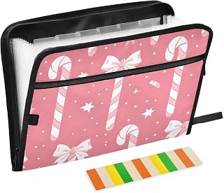 Expanding File Folder Candy Cane Bow Sugar Pink Xmas Accordion File Organizer 13 Pockets Document Organizer with Zipper Labels A4 Letter Office Storage