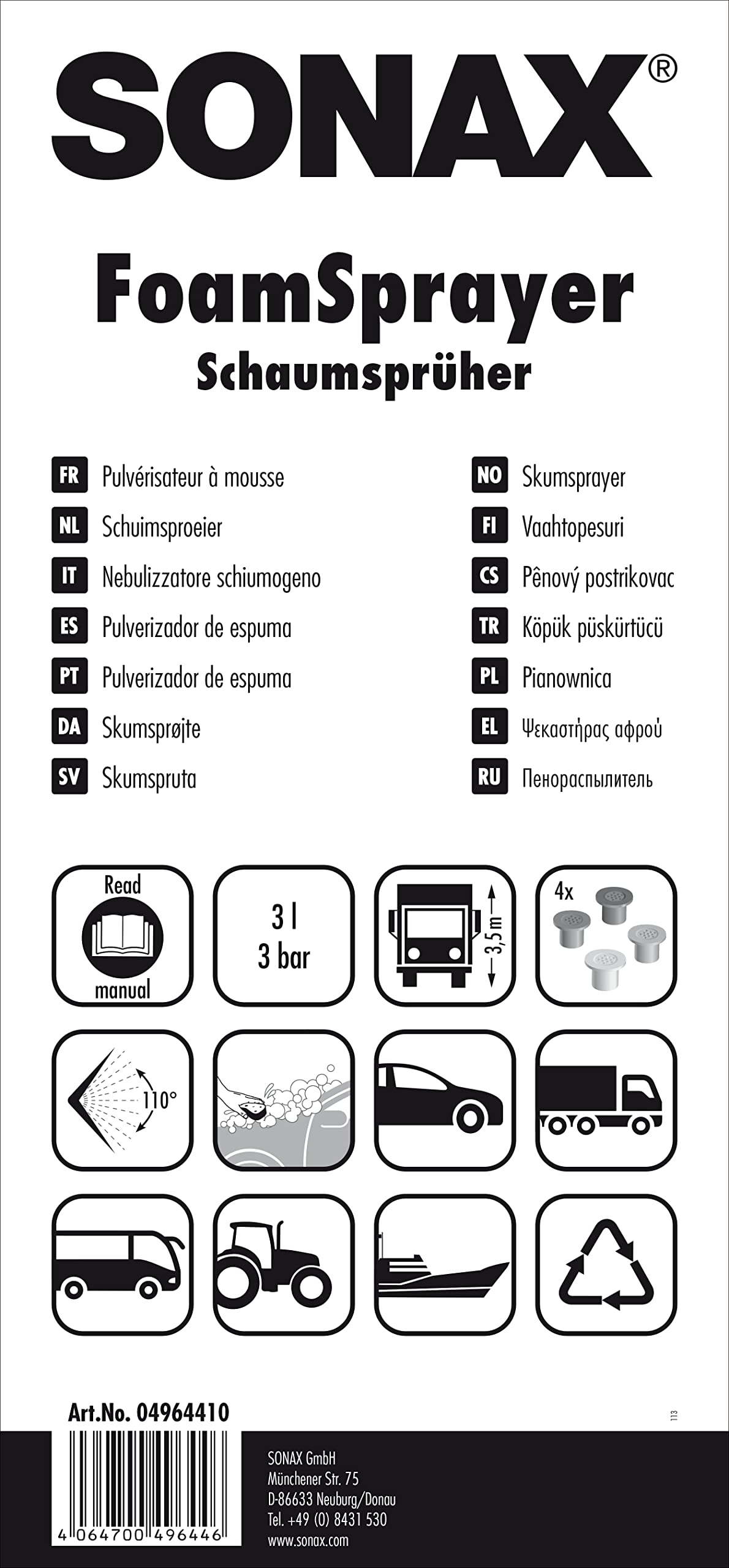 SONAX Spruzzatore a Pressione (1 Pezzo) (3 Litri) per spruzzare Schiuma detergente | Art. N. 04964410