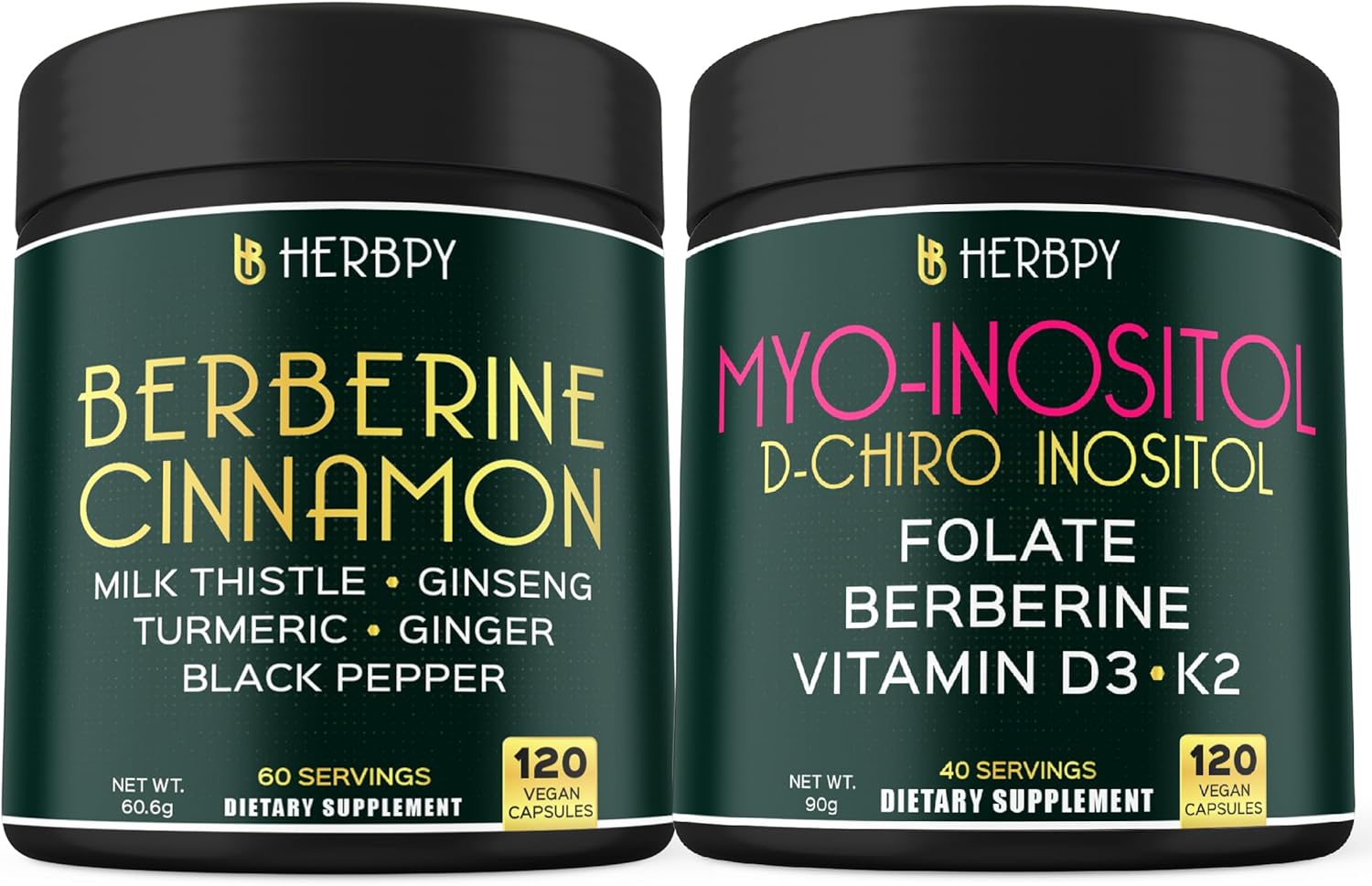 Herbpy Bundle 7in1 Berberine HCl 97% 120 Count & 6in1 Myo-inositol & D-Chiro Inositol Supplement for Women 120 Count - for Immune, Digestion & Overall Health