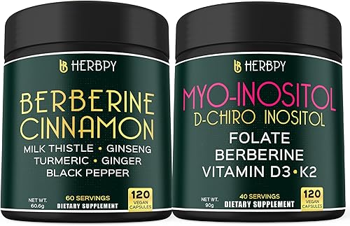 Paquete de berberina HCl 7 en 1 97 % 120 unidades y mio-inositol 6 en 1 y D-Chiro inositol suplemento para mujeres, 120 unidades, para inmunidad,