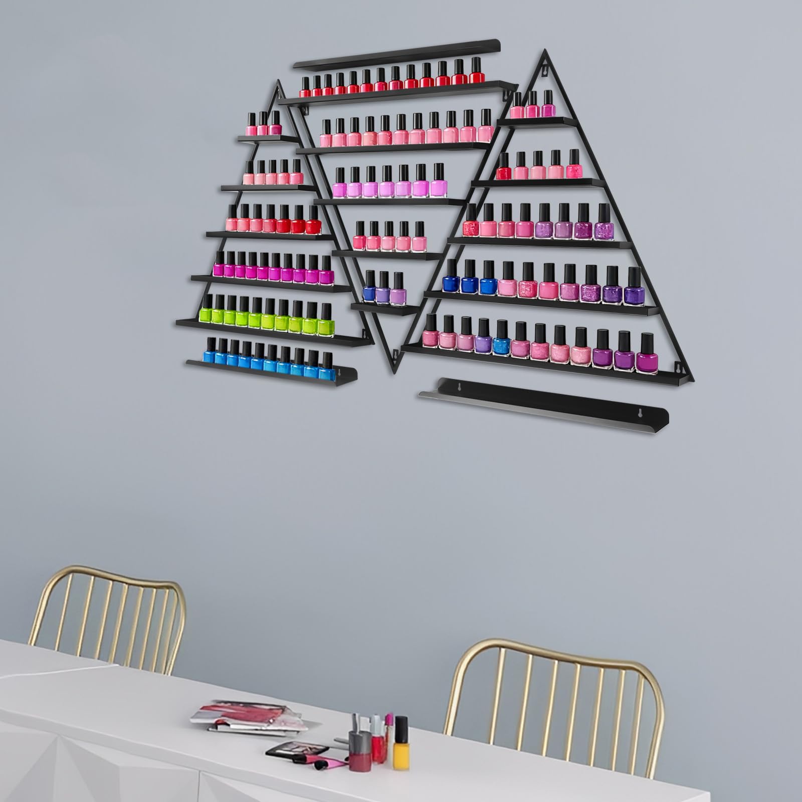 6 Sets Nagellack Regal, Wandmontierte Nagellack Ausstellungsregale, Dreieckiges Präsentationsregal, Atherisches Organizer bis 45kg , 66*7*70 cm, für Nagellack Parfüm Lipstick Ätherische Öle, Schwarz