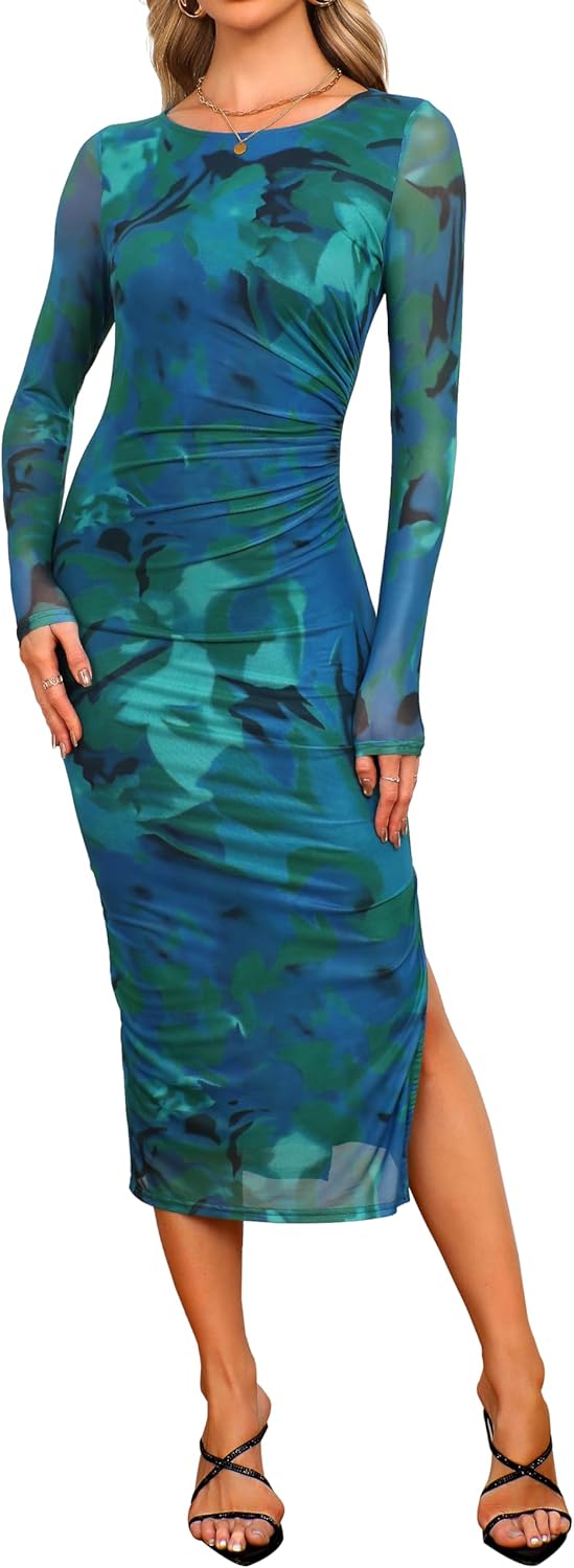 oten Women's Long Sleeve Floral Print Mesh Ruched Bodycon Midi Cocktail Wedding Guest Party Club Dress