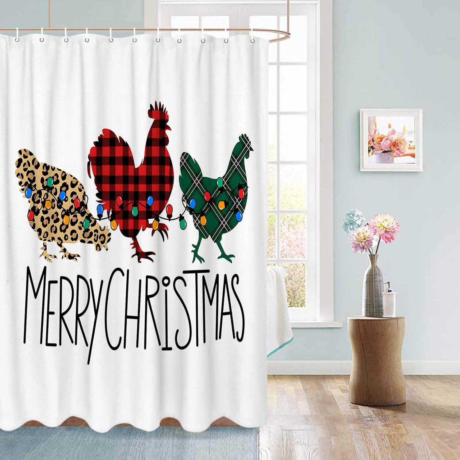Merry Christmas Waterproof Shower Curtains Set - Small 36 x 72 Inch, Xmas Farmhouse Rooster Leopard Red Green Plaid Polyester Fabric Bath Curtain with 12 Hooks, Bathroom Accessories, 1 Panel