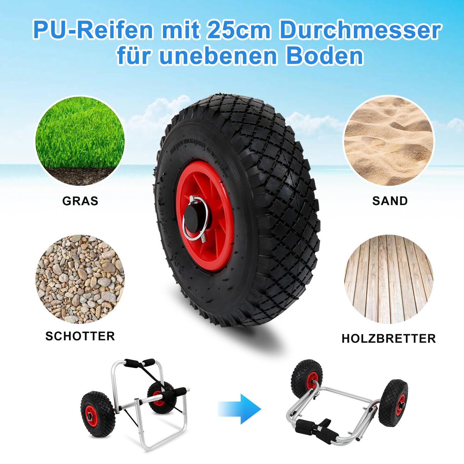 Kajakwagen aus Aluminium, bis 100 kg Belastbar,mit 2 x 26 cm PU-Rädern und PP-Spanngurt,Faltbarer Transportwagen für Kajak, Kanu und SUP