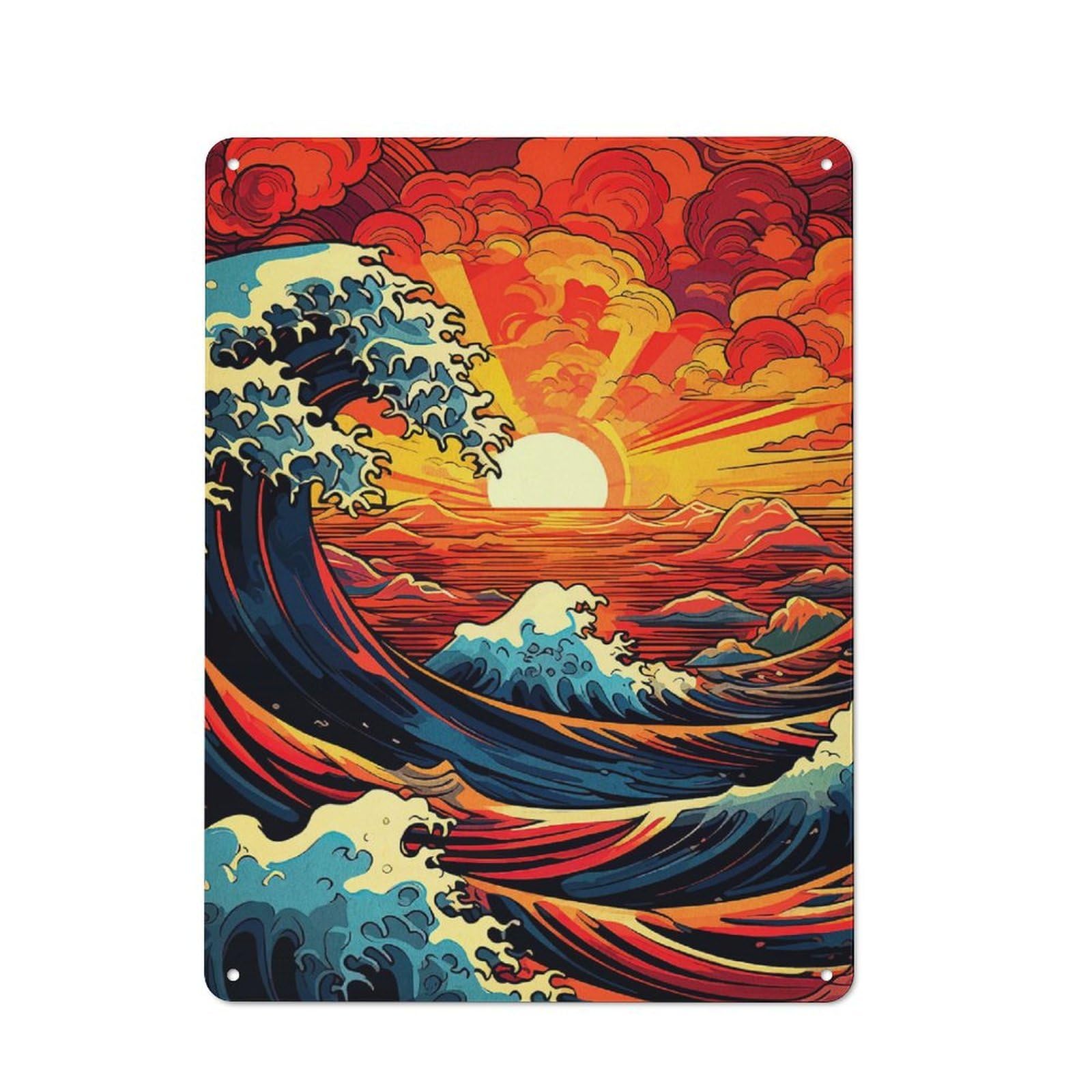 Junmoney Stylized Ocean Waves At Sunset Clean Industrial Metal Wall Decor 40X30cm, Decorative Metal Plaque For Workspace, Cafe, Hallway Or Garage