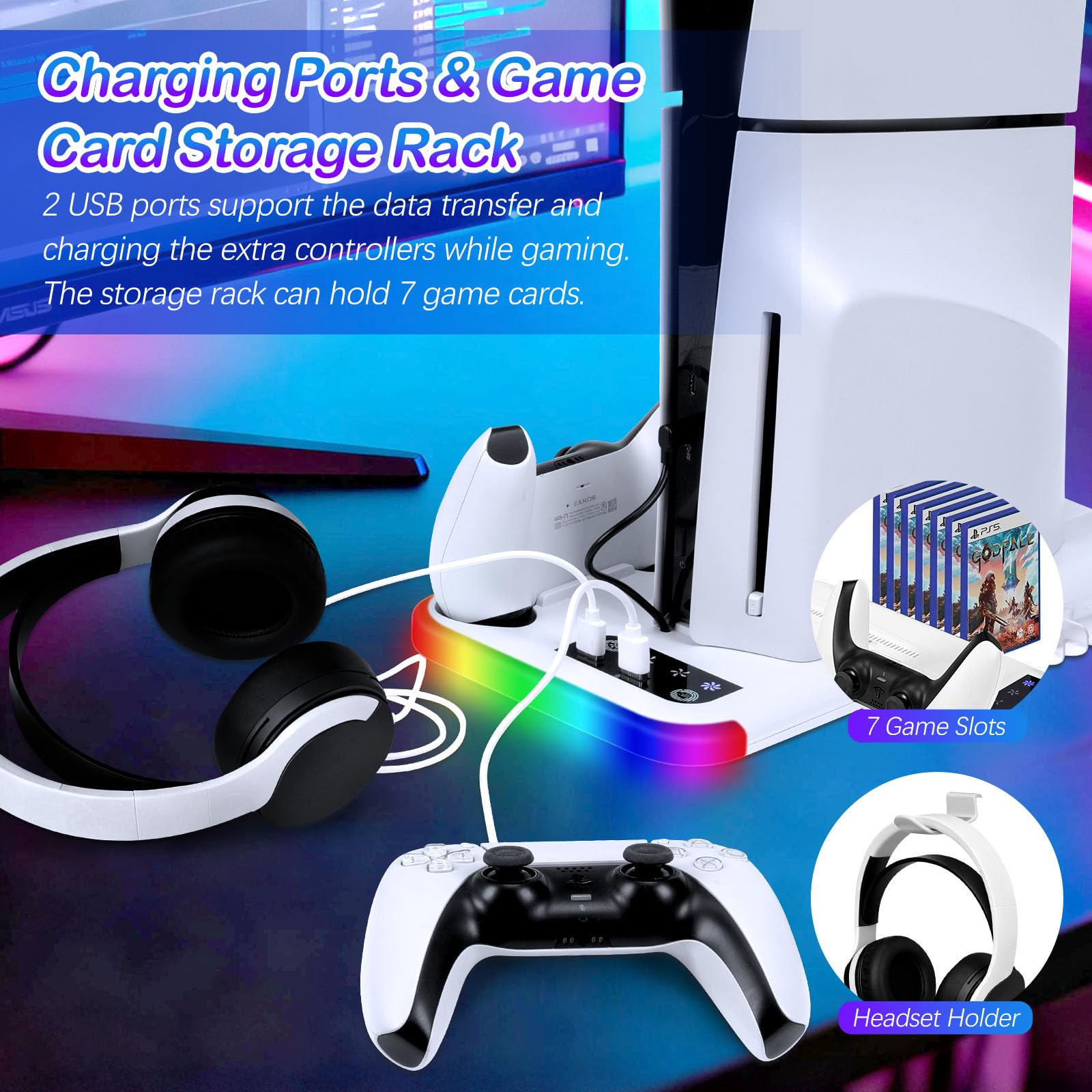 Supporto PS5 Slim/PS5 Pro con Ventola & Luce RGB, PS5 Stazione di Raffreddamento Supporto di Ricarica con Controller Ricarica Stazione di ricarica per PS5-Slim/PS5 Pro Disc & Digitale Edizione