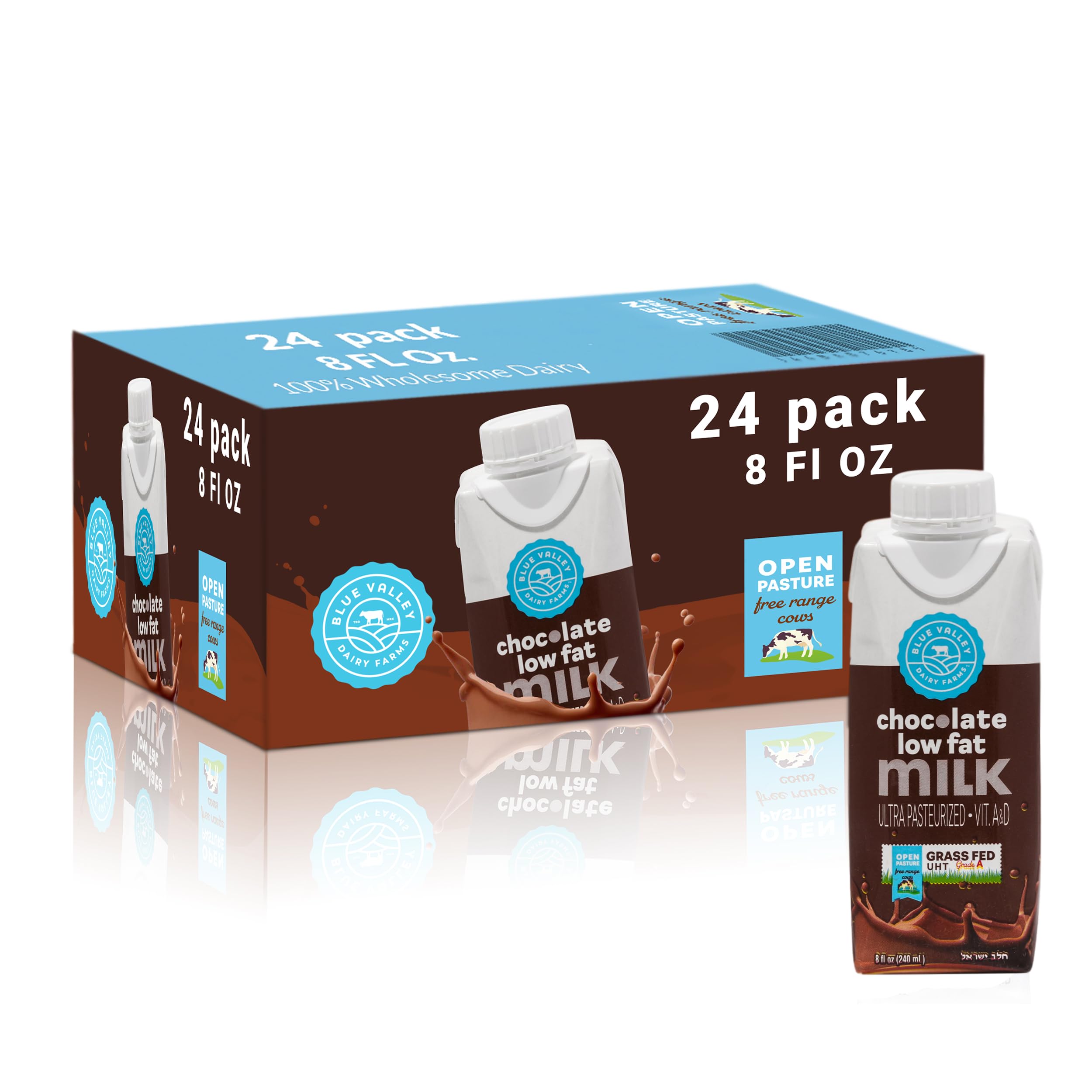 Blue Valley Grass-Fed Milk Boxes, Low-fat, Chocolate, Shelf Stable,Cholov Yisroel-8 Fl Oz-(24 Pack) – Individual Chocolate Milk Boxes for Kids, School Lunch, Snacking – Milk Drink with Vitamins A and D