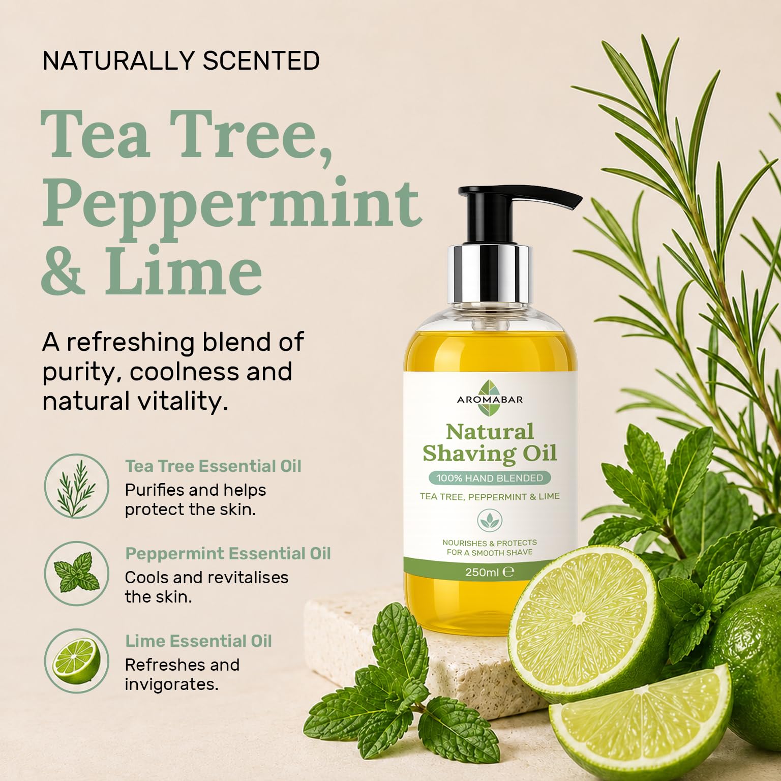 Huile de rasage naturelle arbre de Thé Menthe Poivrée & Limette 250ml 100% pure avec distributeur Pompe Inclus Usage Comme un Huile pré rasage ou après rasage hydrater