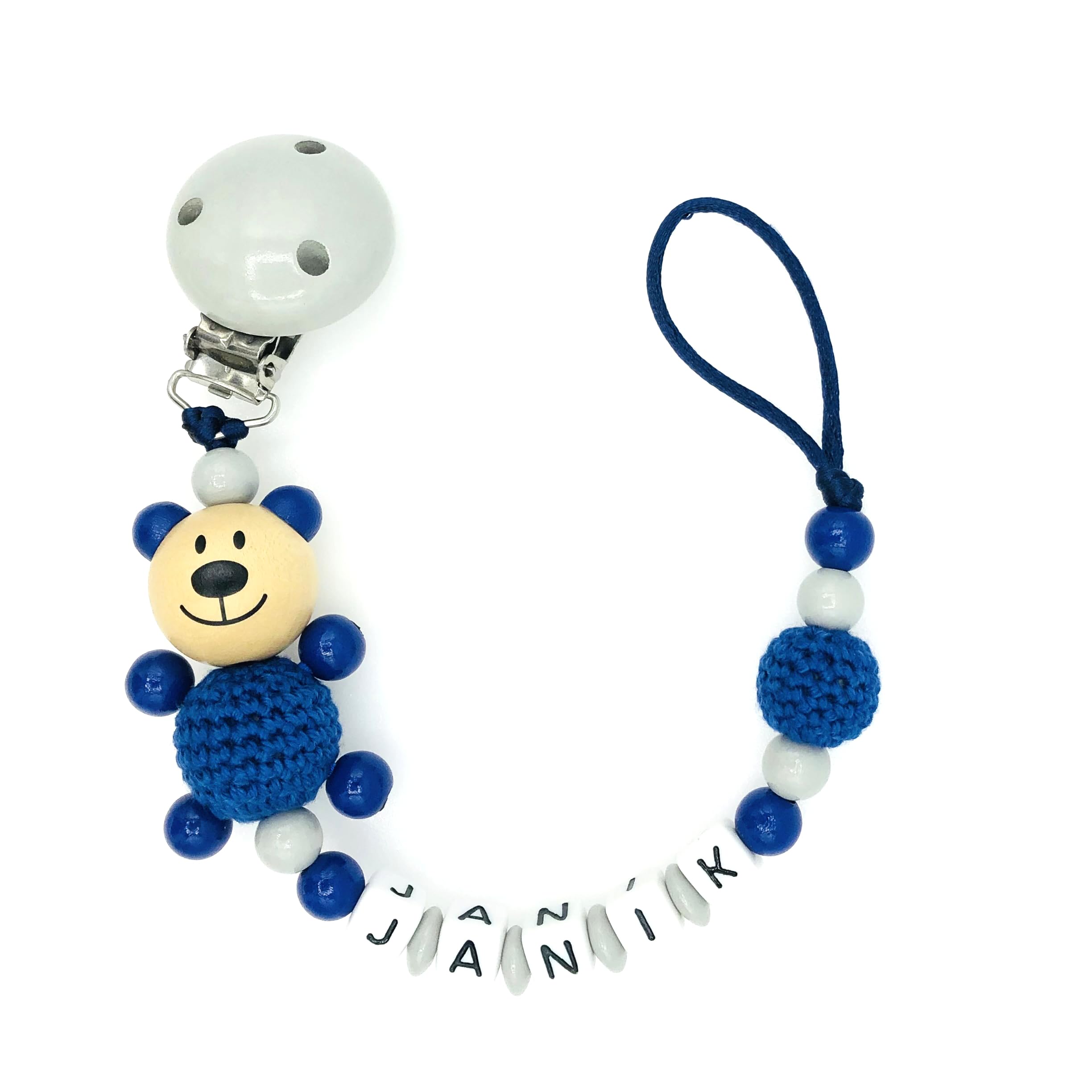 Set Nuckelkette + Kinderwagenkette mit Namen " 3D - BÄR MIT HÄKELKÖRPER/TEDDYBÄR " Hellgrau Dunkelblau/Baby/Unisex/Personalisiert/HANDMADE