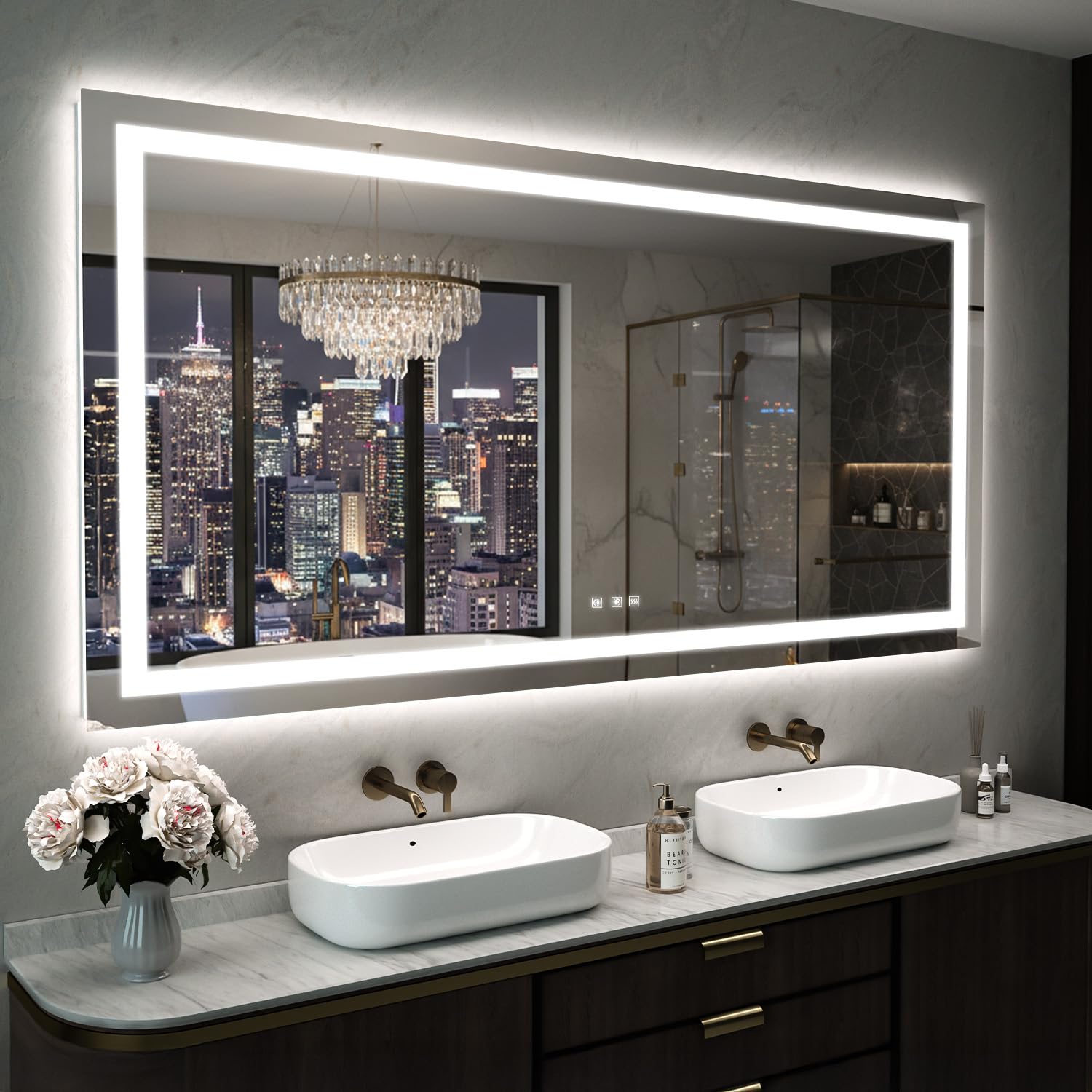 LED Mirror for Bathroom, 66x36 Inch Backlit + Front Lighted Bathroom Vanity Mirror with Lights for Wall, Double Light Strips, 3 Colors, Shatter-Proof, Anti-Fog and Brightness Memory
