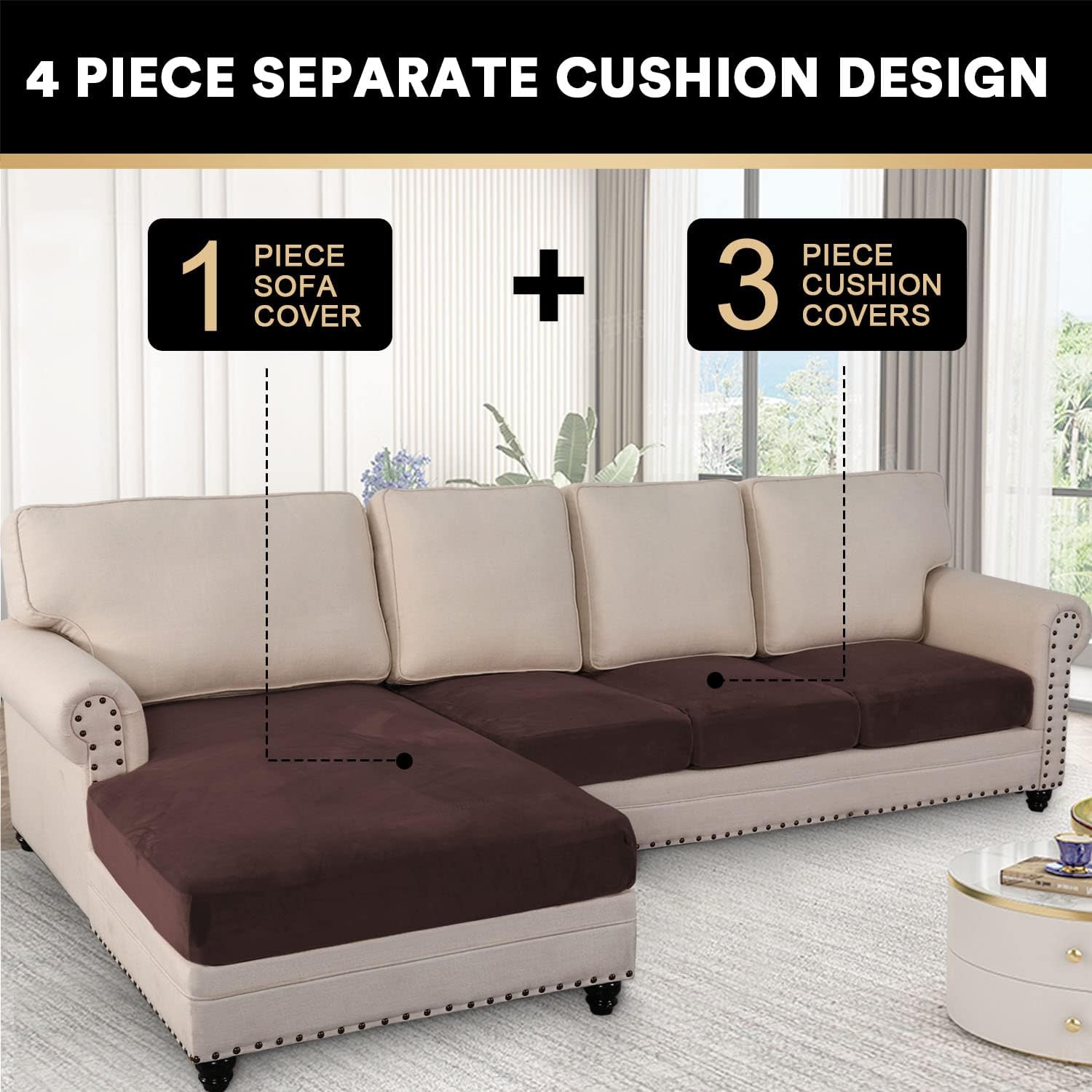 PrinceDeco Sectional Sofa L Shape Couch Cushion Covers and Armchair Covers and Individual Cushions Sofa Cushion Covers Bundle, Furniture Protector, Plaid Pattern, Removable and Washable, Brown