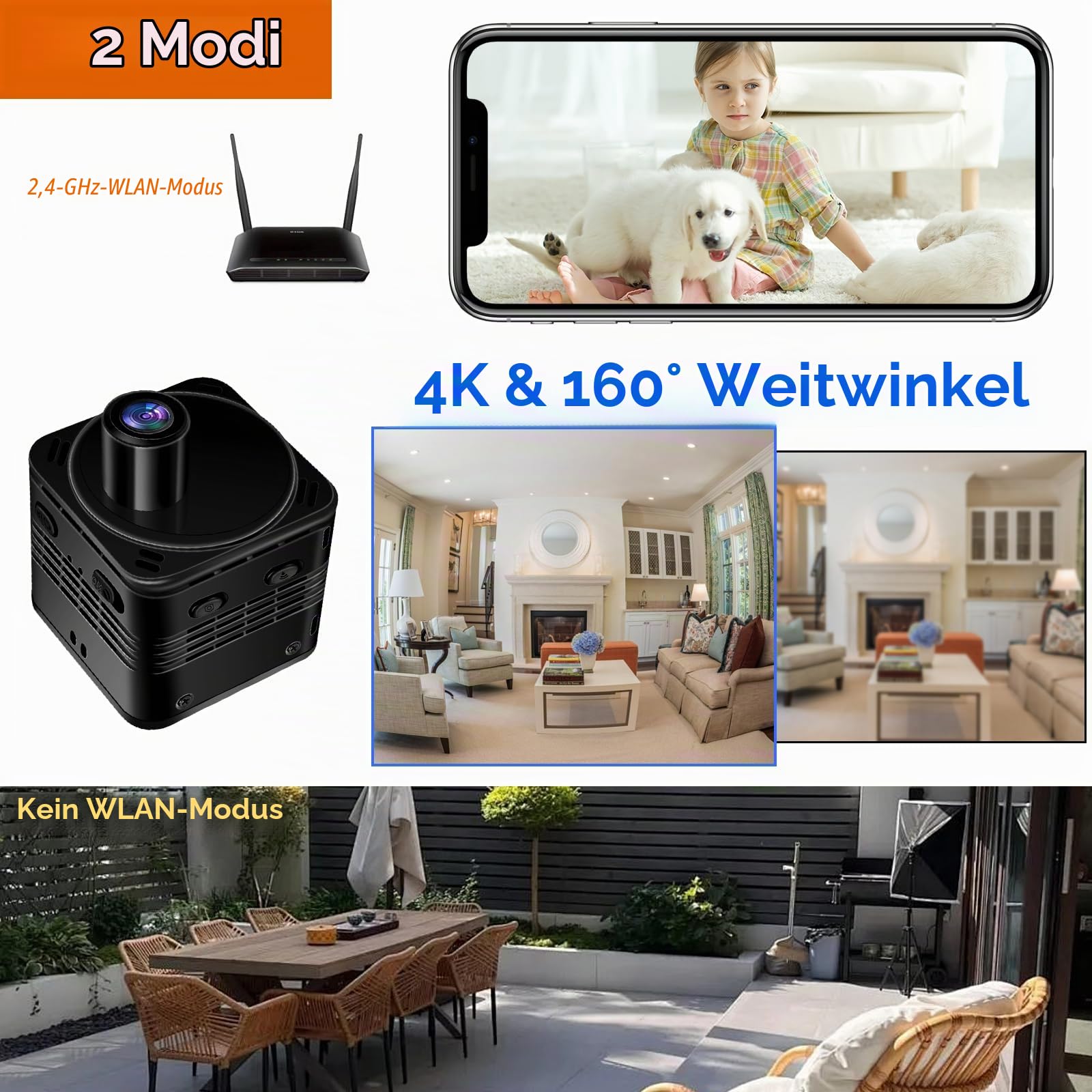 Mini HD Kamera 4K WiFi mit Akku, Nachtsicht & Bewegungserkennung | 3000mAh, 11h Laufzeit, 160° Weitwinkel, 256GB SD, Loop-Aufnahme
