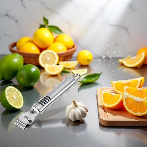 Miniatura 3 de Pelador Zester de limón plateado, pelador de acero inoxidable limón, lima, naranja con cuchillo, raspador de cítricos, herramienta de pelado de