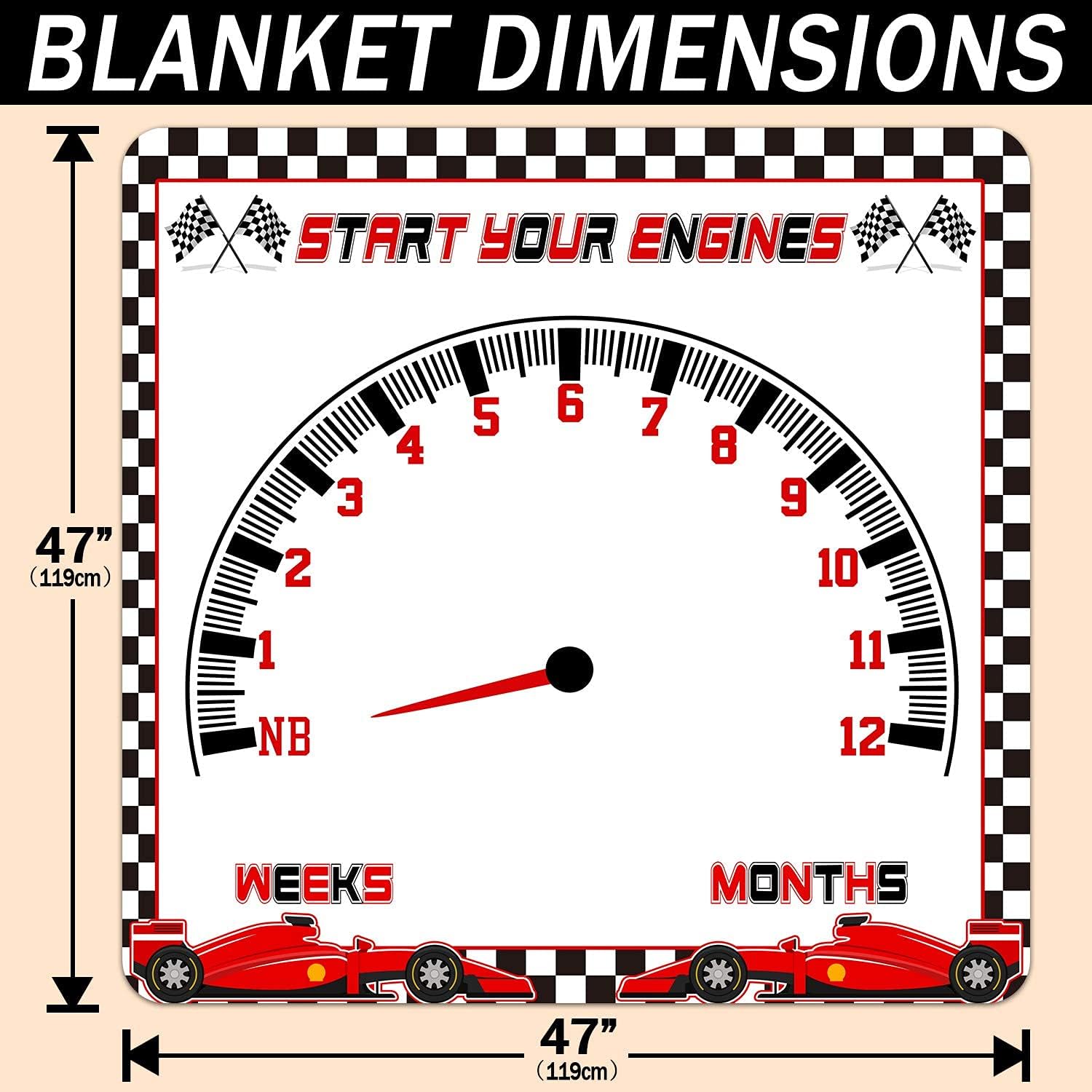 Baby Monthly Milestone Blanket, Racing Car Speed Disc Check Flag Blanket for Nursery, Unisex for Newborn 1-12 Months, Includes 4 Frame and 1 Headband 47"x47" BTLSPH343