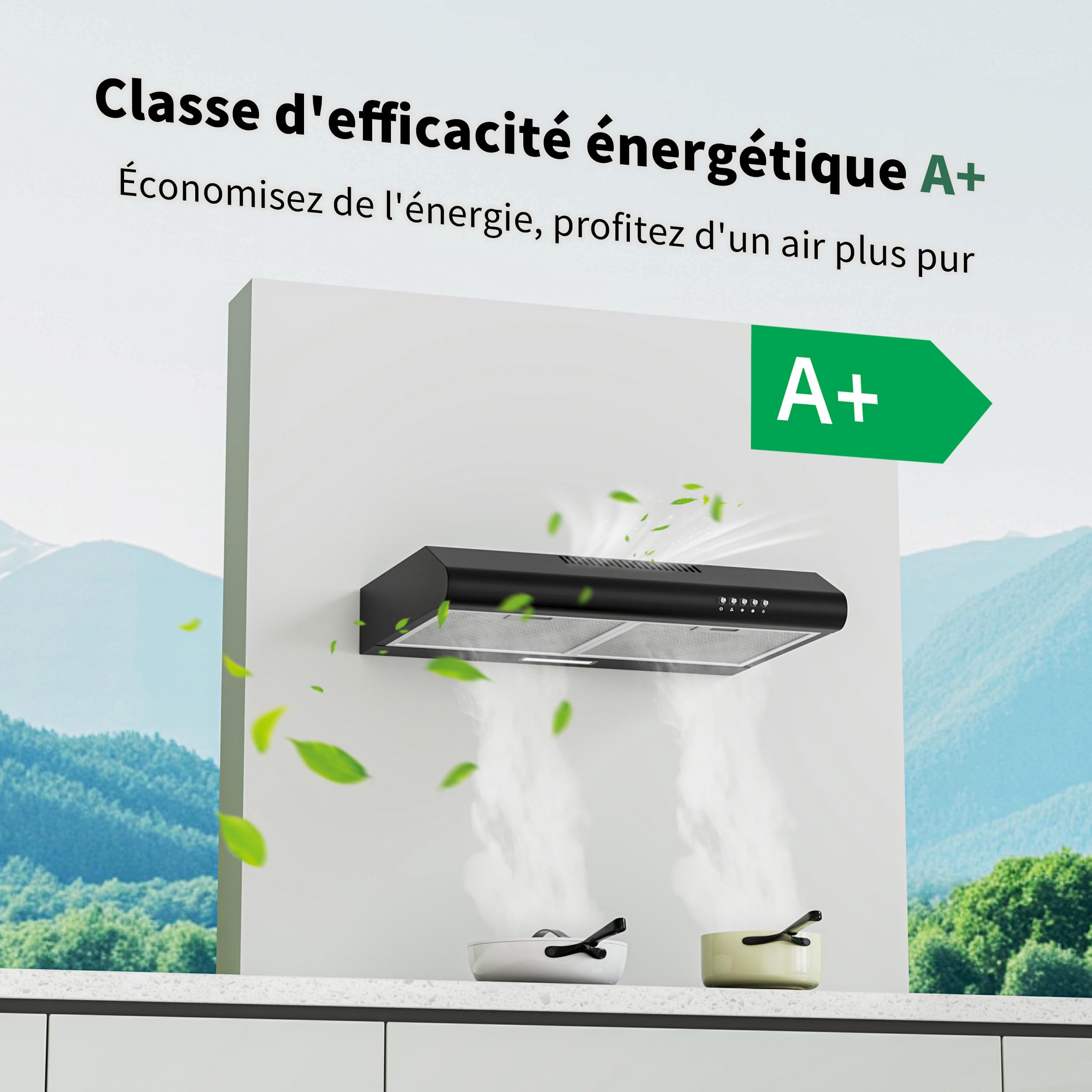 FIREGAS Hotte Aspirante 60 cm Noire – Moteur Sans Balais, 250 m³/h, 3 Vitesses, Classe Énergétique A+, Faible Niveau Sonore, Installation Murale ou Sous Meuble