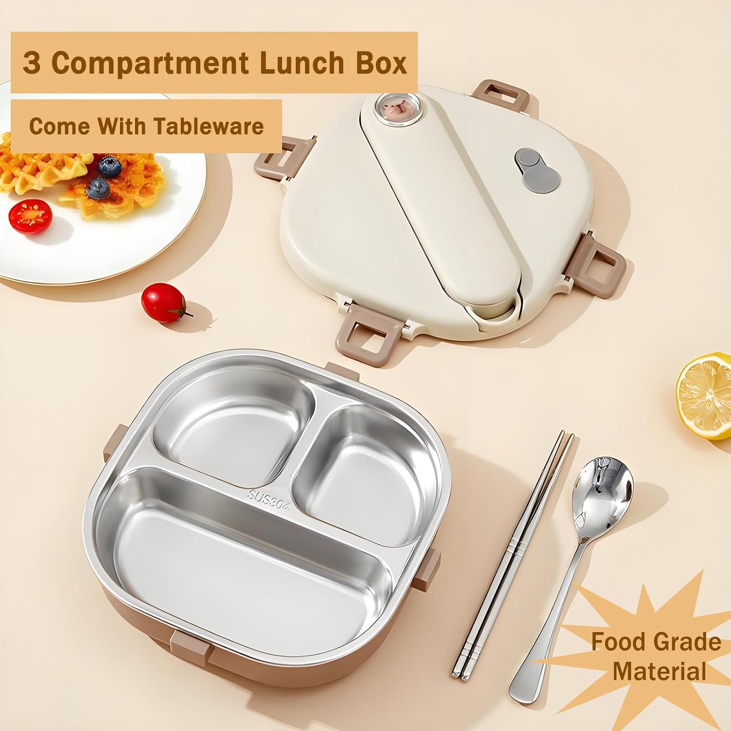 Stainless Steel Bento Box, 800ml Leakproof Lunch Box, Easy To Open And Close, Food Storage Container For Outings, Picnics, And Travels (3 Compartments) - Image 2