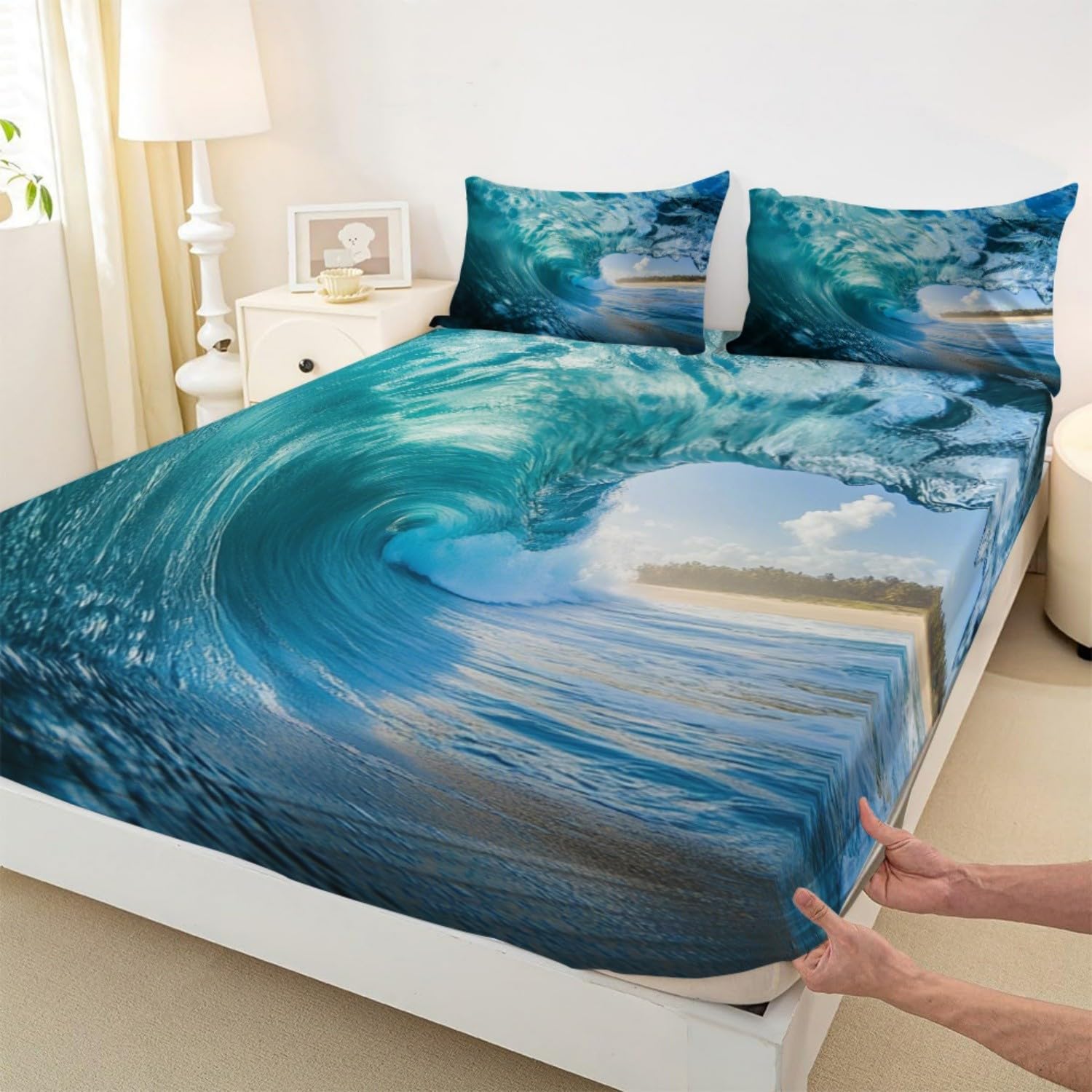 Motif de Vagues DéChaîNéEs Respirant Drap Housse 200x200 cm Bleu Clair Drap-Housse en Microfibre, Drap Plat 2 Personnes, Parure de Lit avec 2 Taie d'oreillers pour Matelas Épais
