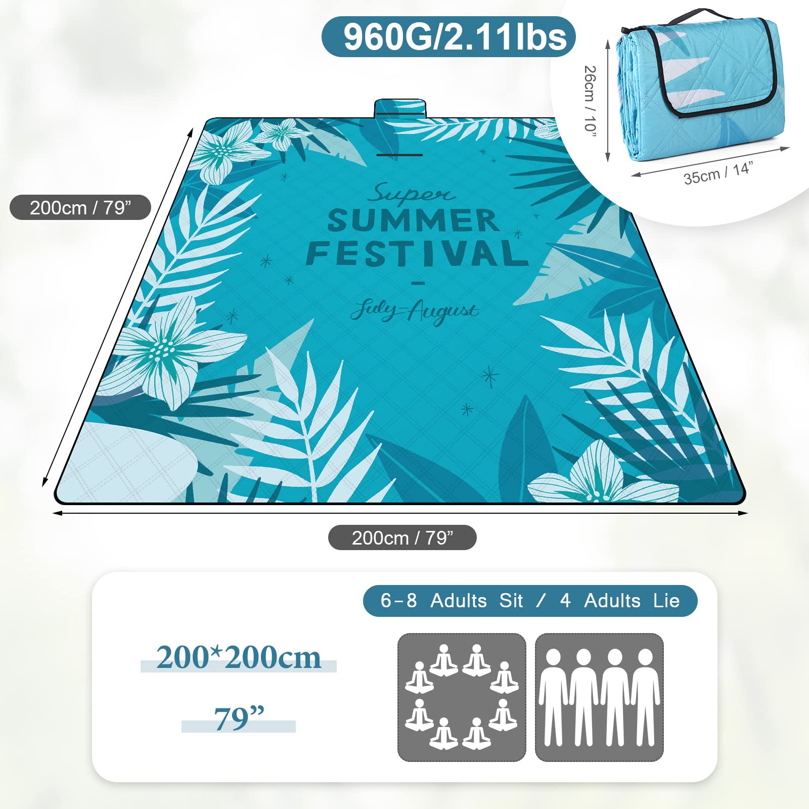 DEWUR Couverture de Pique-Nique Couverture de Plage Lavable imperméable Sandfrei XXL Couverture de Camping Tapis de Plage isolé avec Dessous imperméable Bleu été (200 x 200 cm)