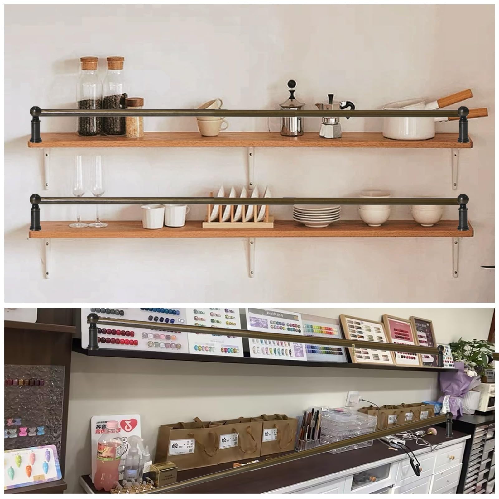 Binario per Mensole Set di 2 Binari per Galleria in Ottone Anticato con Montanti Terminali(Style A,99inch/251.5cm)