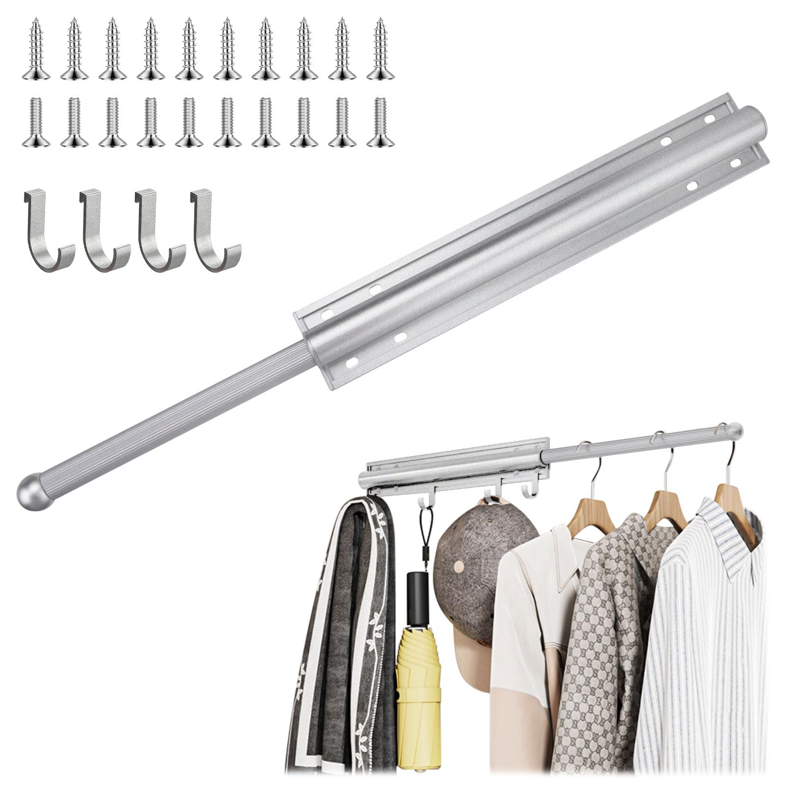 Plushly Silver Valet Rod For Closet Pull Out, 31Cm Retractable Slide Out Closet Rod With 4 Hooks, Heavy Duty Alloy Clothes Hanger Pole For Laundry Room, Wardrobe & Bathroom,