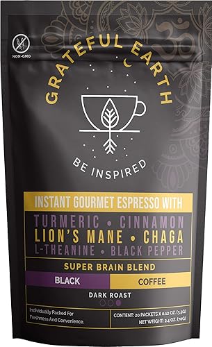 Grateful Earth Super Brain Blend Instant Gourmet Espresso Café negro instantáneo con nootrópicos 20 paquetes Café Robusta y arábica Microground